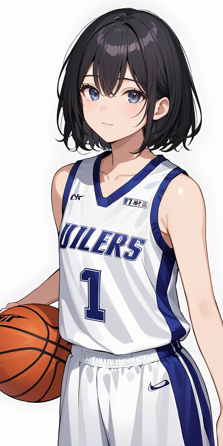 masterpiece,ultra-detailed,best quality,8K,illustration,cute face,clean skin ,shiny hair,girl,ultra-detailed-eyes,simple background, <lora:add-detail-xl:1> <lora:basketball uniform_XL_V1.0:0.7> basketball uniform