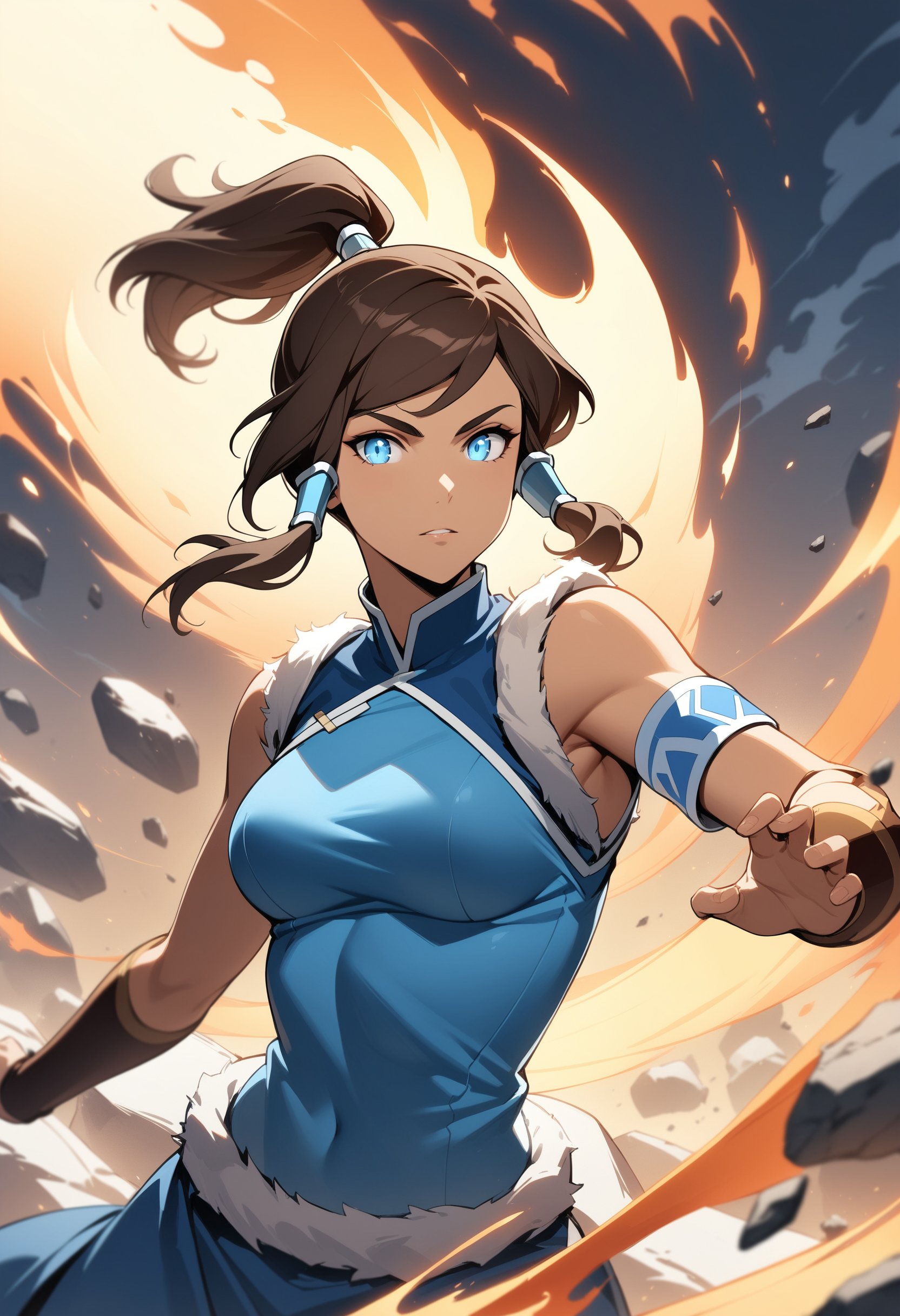 masterpiece, best quality, very aesthetic, absurdres,1girl, korra, avatar legends, the legend of korra, blue eyes, brown hair, ponytail, blue shirt, element bending, fire, rock, wind, pelt, taut clothes, taut shirt, sleeveless, armband, sidelocks, looking at viewer, fighting stance, 