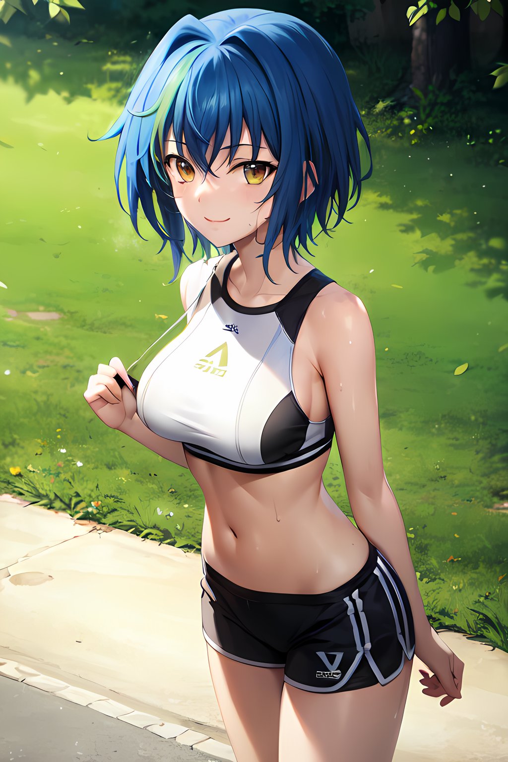 masterpiece, absurdres , (intricate details), (colorful),cinematic lighting,bust shot,extremely detailed CG unity 8k wallpaper, smile, looking at viewer, <lora:xenoviaHSDXD-051:1> xenoviaquarta, short hair, sports bra,shorts, sportswear,sweat, outdoors, park, sunlight, looking at viewer, standing, sweat