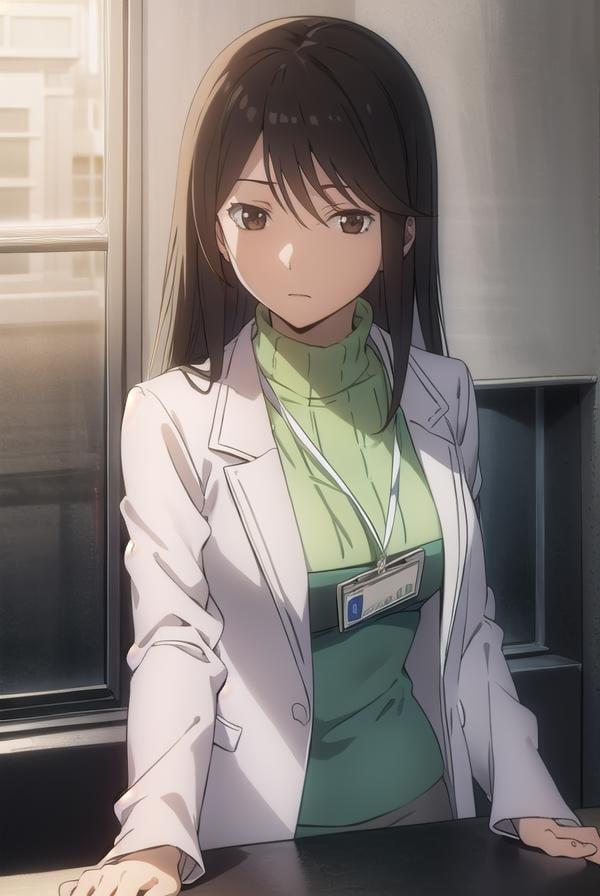 namieyagiri, <lora:namie yagiri s1-lora-nochekaiser:1>,namie yagiri, long hair, black hair, (brown eyes:1.3),BREAK sweater, turtleneck, labcoat, green sweater,BREAK indoors, office,BREAK looking at viewer, (cowboy shot:1.5),BREAK <lyco:GoodHands-beta2:1>, (masterpiece:1.2), best quality, high resolution, unity 8k wallpaper, (illustration:0.8), (beautiful detailed eyes:1.6), extremely detailed face, perfect lighting, extremely detailed CG, (perfect hands, perfect anatomy),