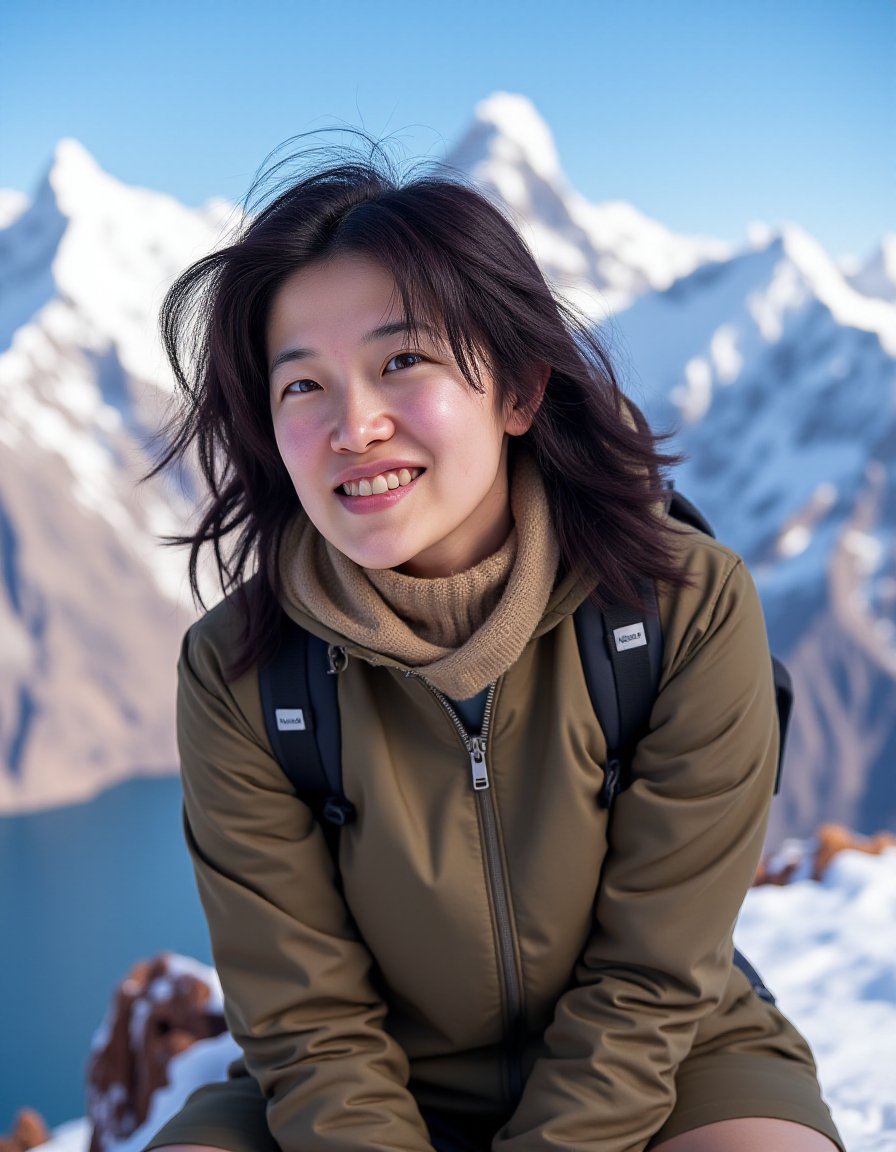 realistic photo of a Japanese woman, young woman, ネパールのエベレストベースキャンプでのトレッキングポートレイト: "Shiho at Everest Base Camp in Nepal, taking a portrait with the breathtaking Himalayas, marking her achievement in high-altitude trekking."<lora:shiho1KFlux001:0.9> shiho, (best quality), (masterpiece), 16k, 8K, ultra detailed, detailed skin, detailed face, masterpiece, best quality, ultra-detailed, intricate details, high resolution, 8k, sharp focus, vivid colors, high contrast, cinematic lighting, (naked:1.2)