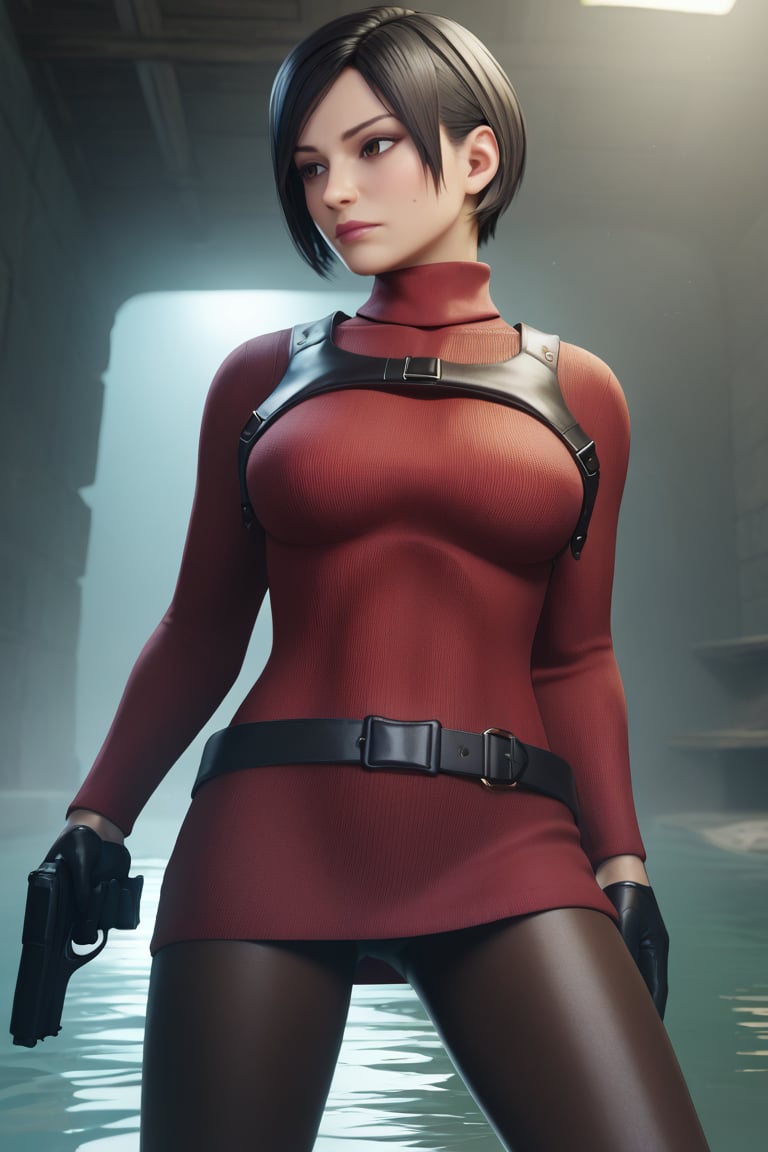 score_9, score_8_up, score_7_up, BREAK, 1girl, solo, breasts,  <lora:adawong-re-richy-v1_pdxl:.95> adasweater, black hair, short hair, black eyes, red sweater, turtleneck, harness, pantyhose, black gloves, belt, handgun, dark room, sewer, indoors, holding weapon, trigger discipline, reflection, water, 