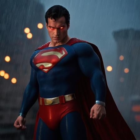 cinematic film still of  <lora:Superman v3:1>Kal-El, Kryptonian, Man of Steel, Superman a man in a superman suit standing in the rain,unleashing massive blasts of red "heat vision" through the eyes, in focused beams of heat, solo,black hair,1boy,upper body,male focus,rain,realistic, shallow depth of field, vignette, highly detailed, high budget, bokeh, cinemascope, moody, epic, gorgeous, film grain, grainy