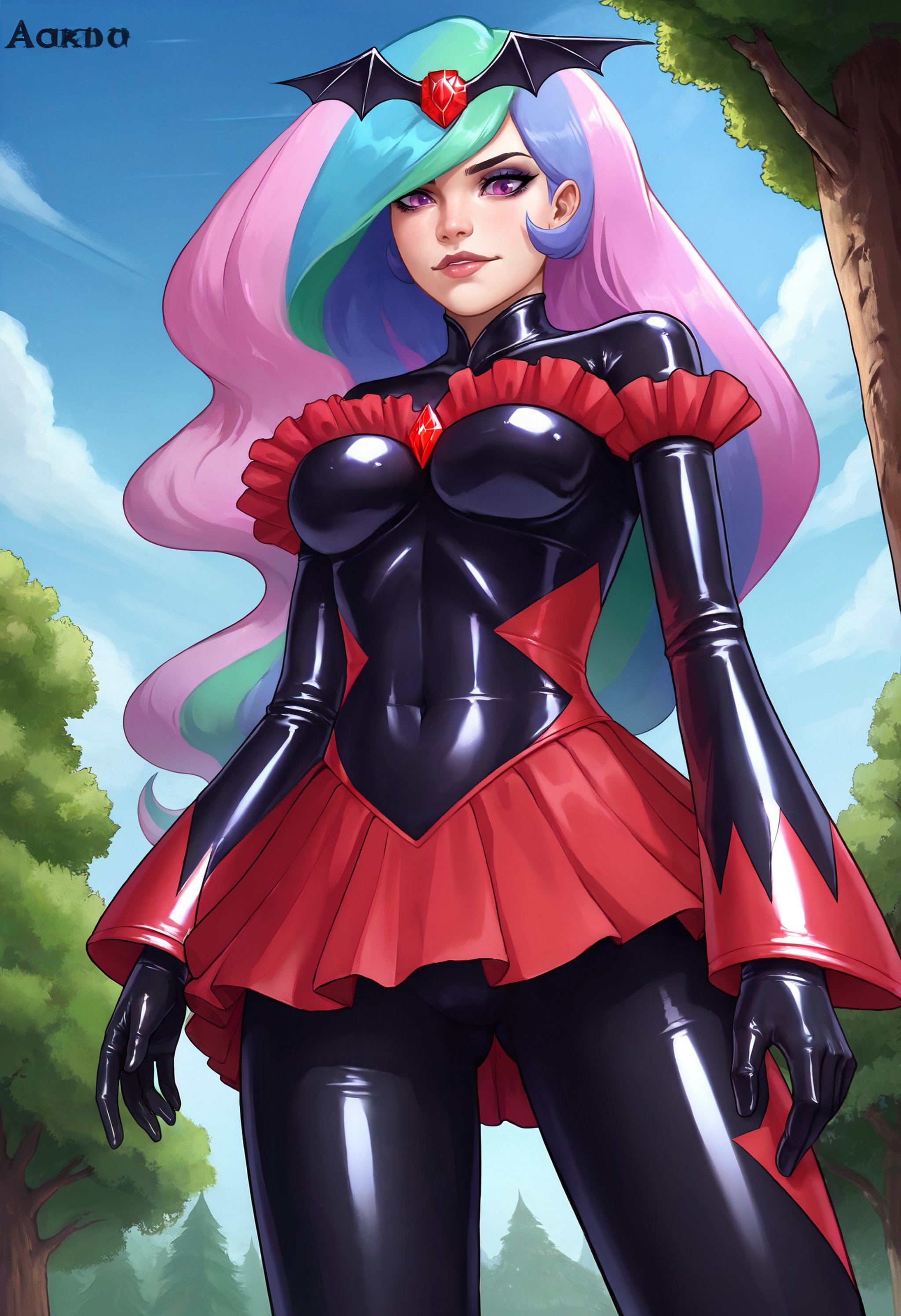 zPDXL, 1girl, solo, BREAKhuman celestia,black badend-bodysuit, badend-tiara, red skirt, red frills, red gem, gloves, latex bodysuit, cowboy shot, from below,outdoors, tree, blue sky,<lora:bad-end-ot14-1701:0.8> 