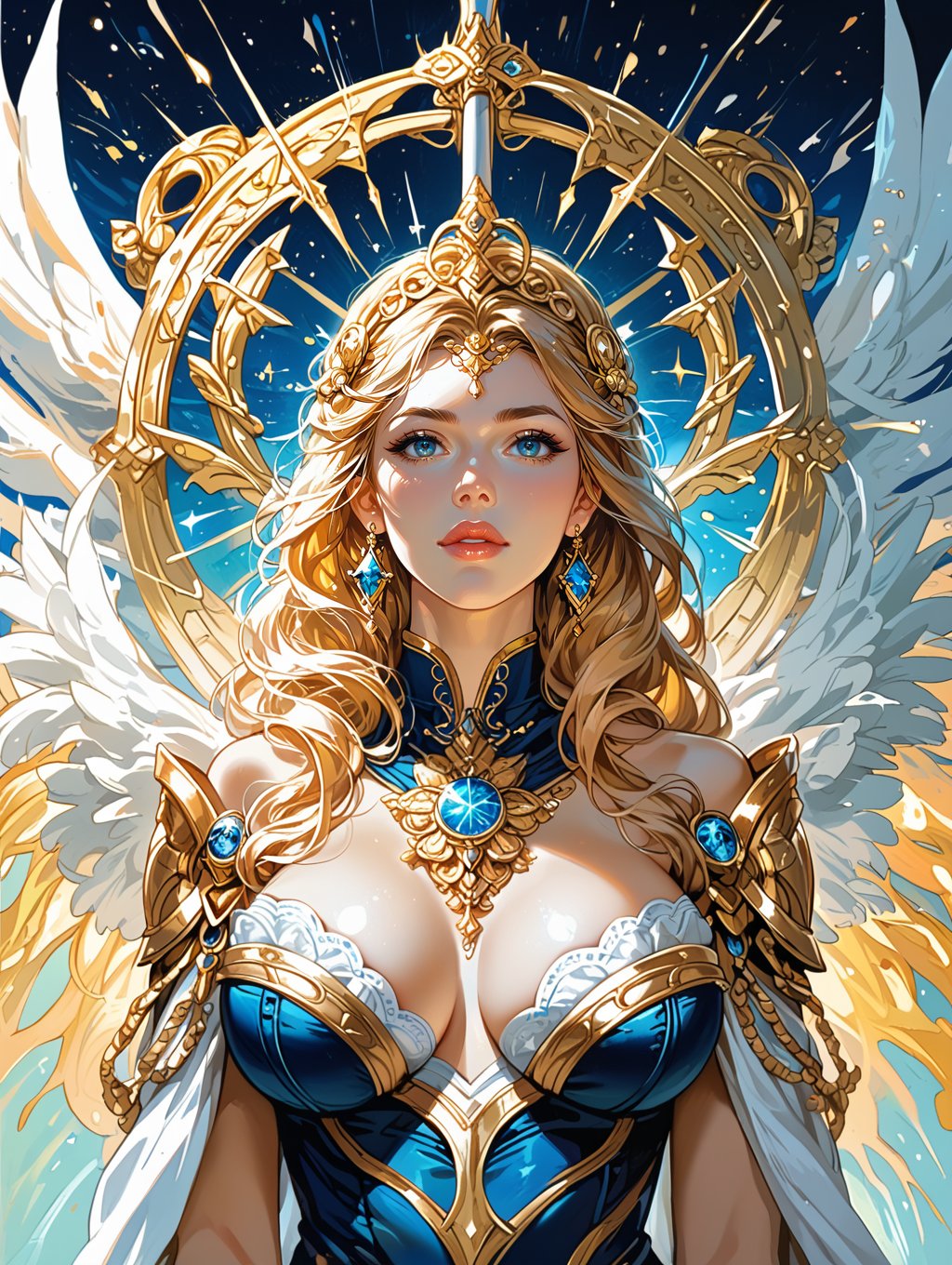 score_9, score_8_up, score_7_up,gorgeous lips, cinematic, very beautiful girl, The archangel is depicted in his divine form a majestic, serene figure with a radiant aura. Her face is calm and compassionate,She is adorned with a shining halo and resplendent golden armor that reflects his celestial origins. Her wings are large, white, and feathery, spreading out behind him in a display of divine grace. She wields a glowing, celestial sword, sexy outfit, big breasts