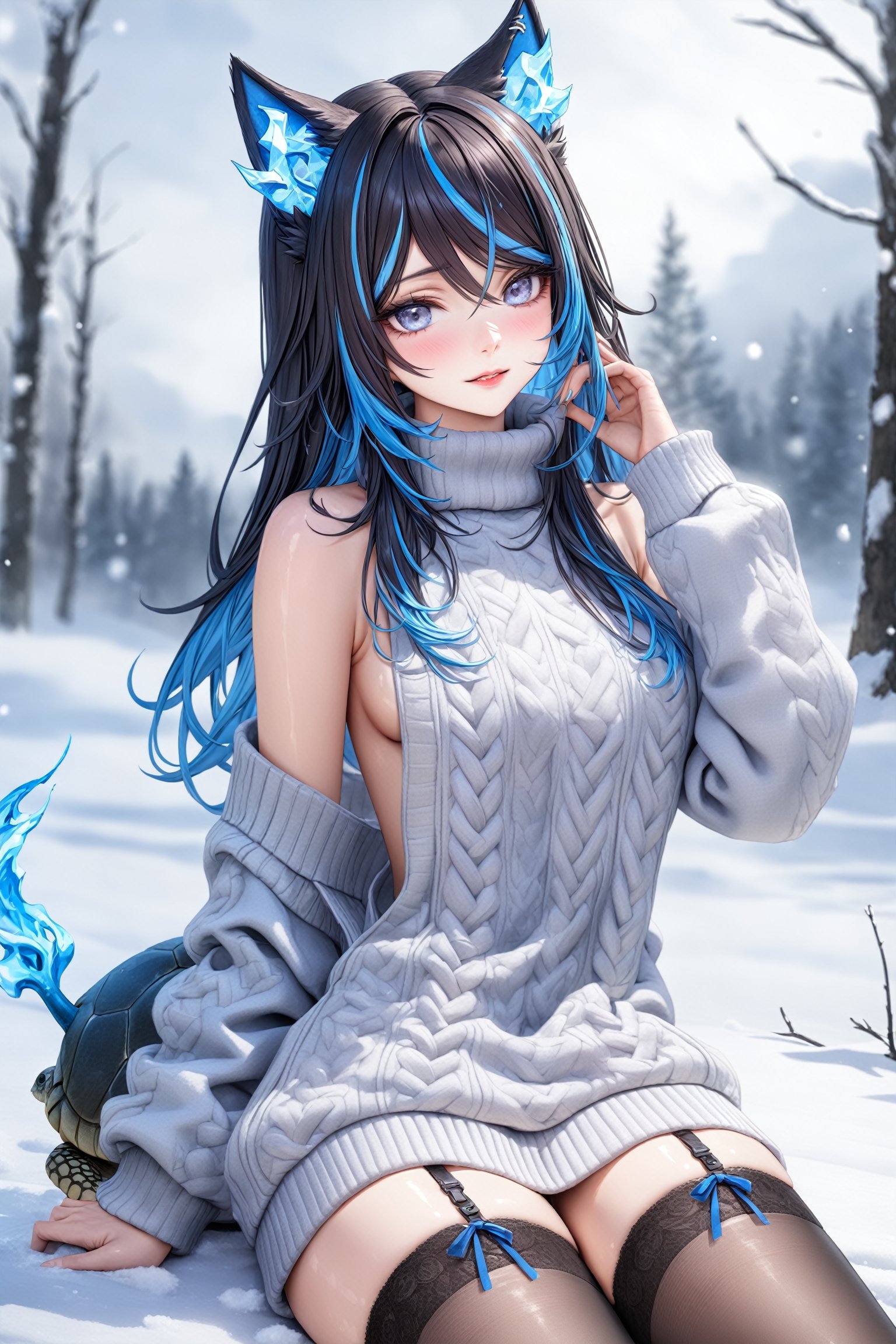 (Masterpiece), mature, HDR,UHD,8K, best quality, Highly detailed, physically-based rendering, extreme detail description, perfect skin, shiny skin, shiny hair,perfect face, hand in face, 1girl, bare_shoulders, black-hair, sweater, thighhighs, animal_ears, blue_eyes, blue hair, streaked_hair, gradient_hair, long_sleeves, collar, streaked_hair,Sinder, tail, fire, virgin killer sweater, white sweater, turtle_neck, white background, snow<lora:EMS-335737-EMS:0.600000>, <lora:EMS-388761-EMS:0.100000>, <lora:EMS-407198-EMS:0.800000>