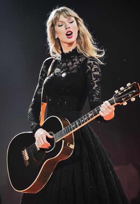 score_9, score_8_up, score_7_up,  rating_safe,tayswift, <lora:taySwiftPony:1.0>,long blonde hair, 1girl, tight black dress, singing, guitar, blonde