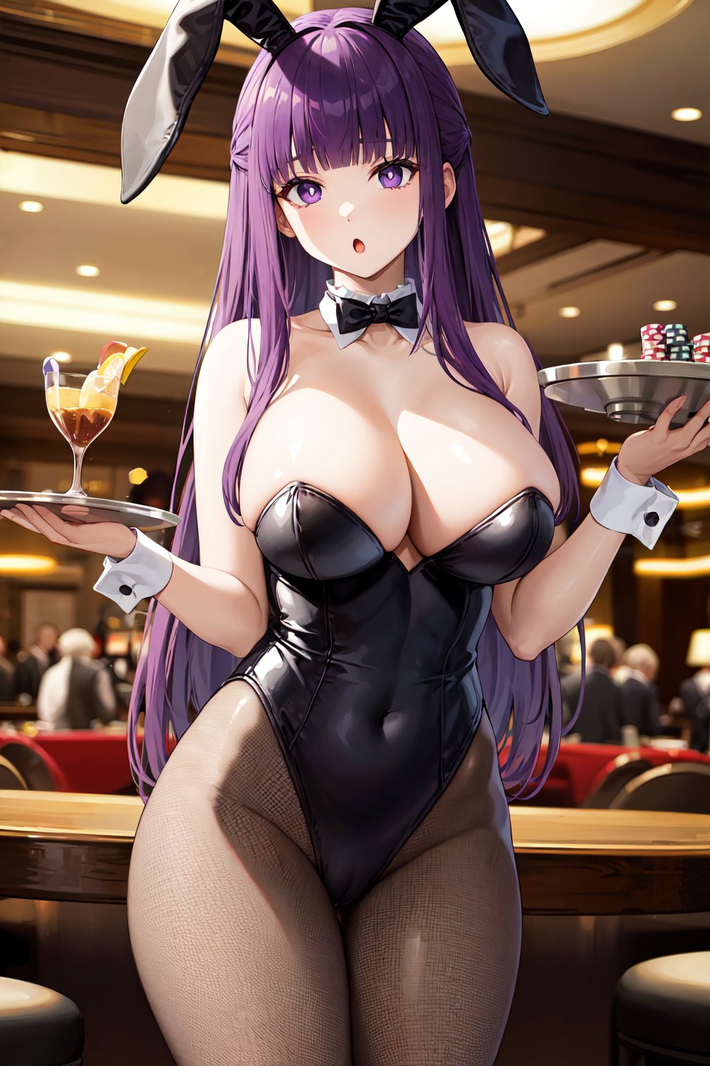 masterpiece, best quality, highres, aafern, long hair, purple hair, blunt bangs, purple eyes, large breasts, <lora:fern_(sousou_no_frieren)_v1:0.7>, playboy bunny, rabbit ears, standing, holding tray, :o, casino