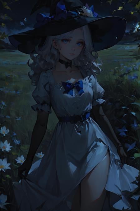 score_9, score_8_up, score_7_up, dark theme, low light, 1girl, witch hat, hat, solo, long hair, flower, dress, choker, puffy sleeves, looking at viewer, grass, white dress, bow, hat bow, white hair, black choker, plant, outdoors, blue eyes, purple eyes, black headwear, bangs, long sleeves, gloves, witch, blue bow, wavy hair, short sleeves, puffy short sleeves, elbow gloves, black gloves, standing, field, grey hair, sky, purple bow, breasts, curly hair, parted lips, expressionless, cowboy shot, closed mouth, leaf <lora:Anime Summer Night Style SDXL_LoRA_Pony Diffusion V6 XL:1>