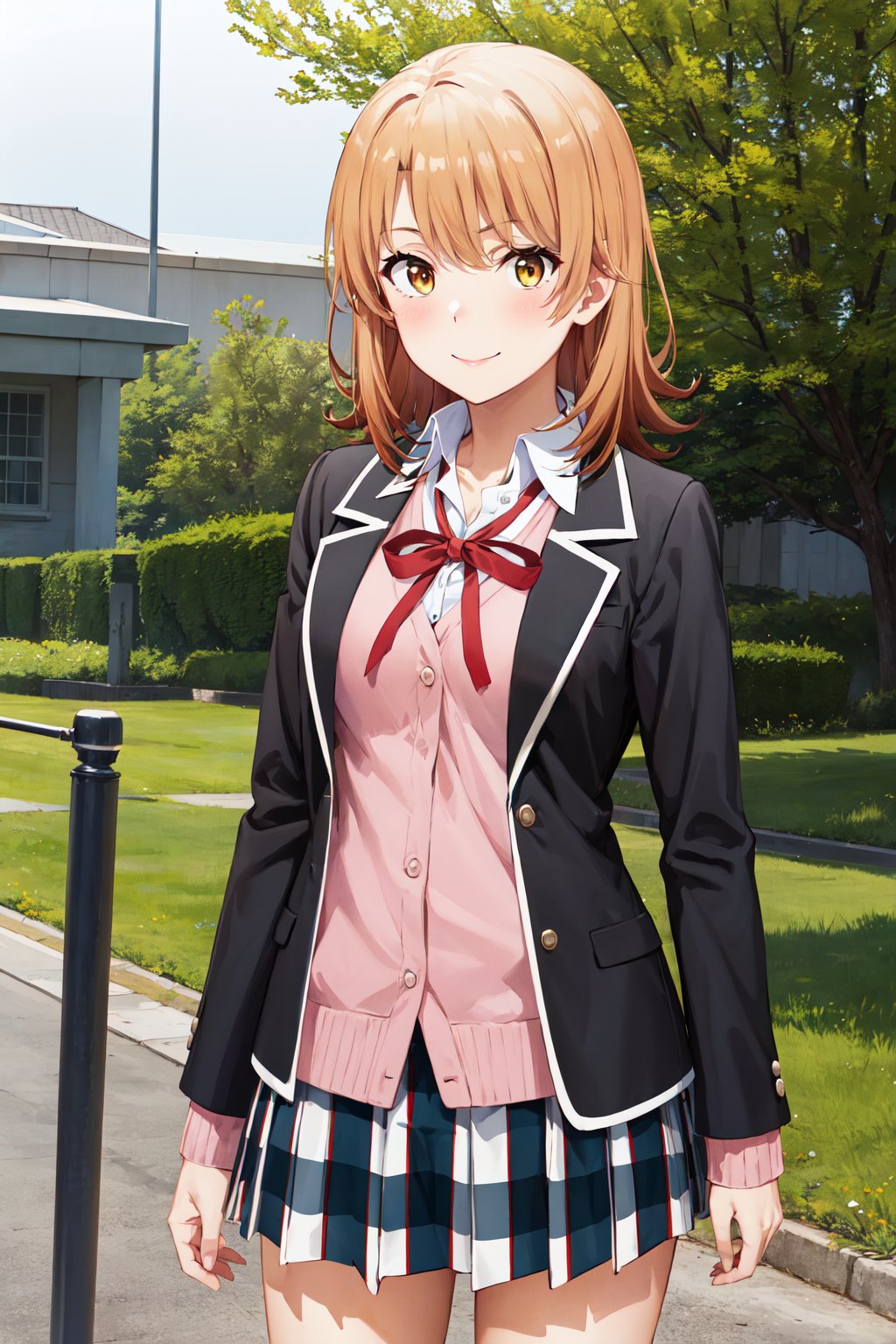 masterpiece, best quality, highres, aairoha, medium hair, school uniform, neck ribbon, collared shirt, blazer, black jacket, open jacket, long sleeves, plaid skirt, <lora:isshiki_iroha_v1:0.7>, standing, cowboy shot, smile, outdoors