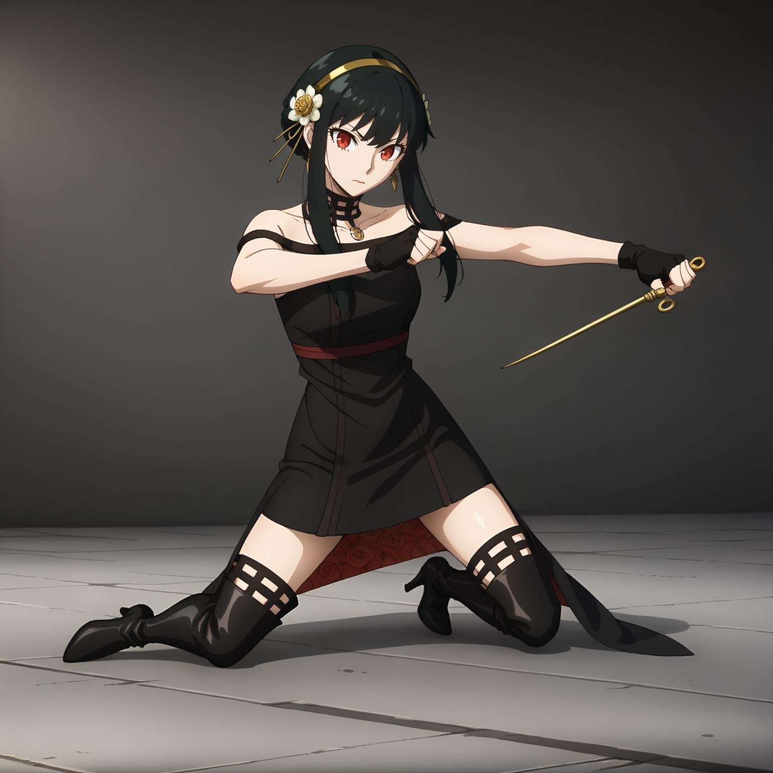 <lora:YorForgerXLpony004>,looking at viewer,solo,YorForger,1girl,black hair,red eyes,short hair with long locks,gold hairband,hair flower,black choker,black dress,sleeveless,off shoulder,floral_print,fingerless gloves,black footwear,(thigh high heel boots:1.2),fighting_stance,holding dagger,kneeling,one knee,spread legs,stretching one leg,