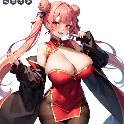 1girl, solo, original, chinese clothes, red dress, brown bodysuit, brown pantyhose, cleavage, cleavage cutout, bare shoulders, detached sleeves, red eyes, pink eyes, streaked hair, long hair, twintails, cone hair bun, huge breasts, curvy, thick thighs, bouncing breasts, seductive smile, naughty face, lewd, sexy, hot, glamorous, blunt bangs, standing, cleft of venus, white background, simple background, anime screencap, anime coloring, key visual, studio anime, standing, 