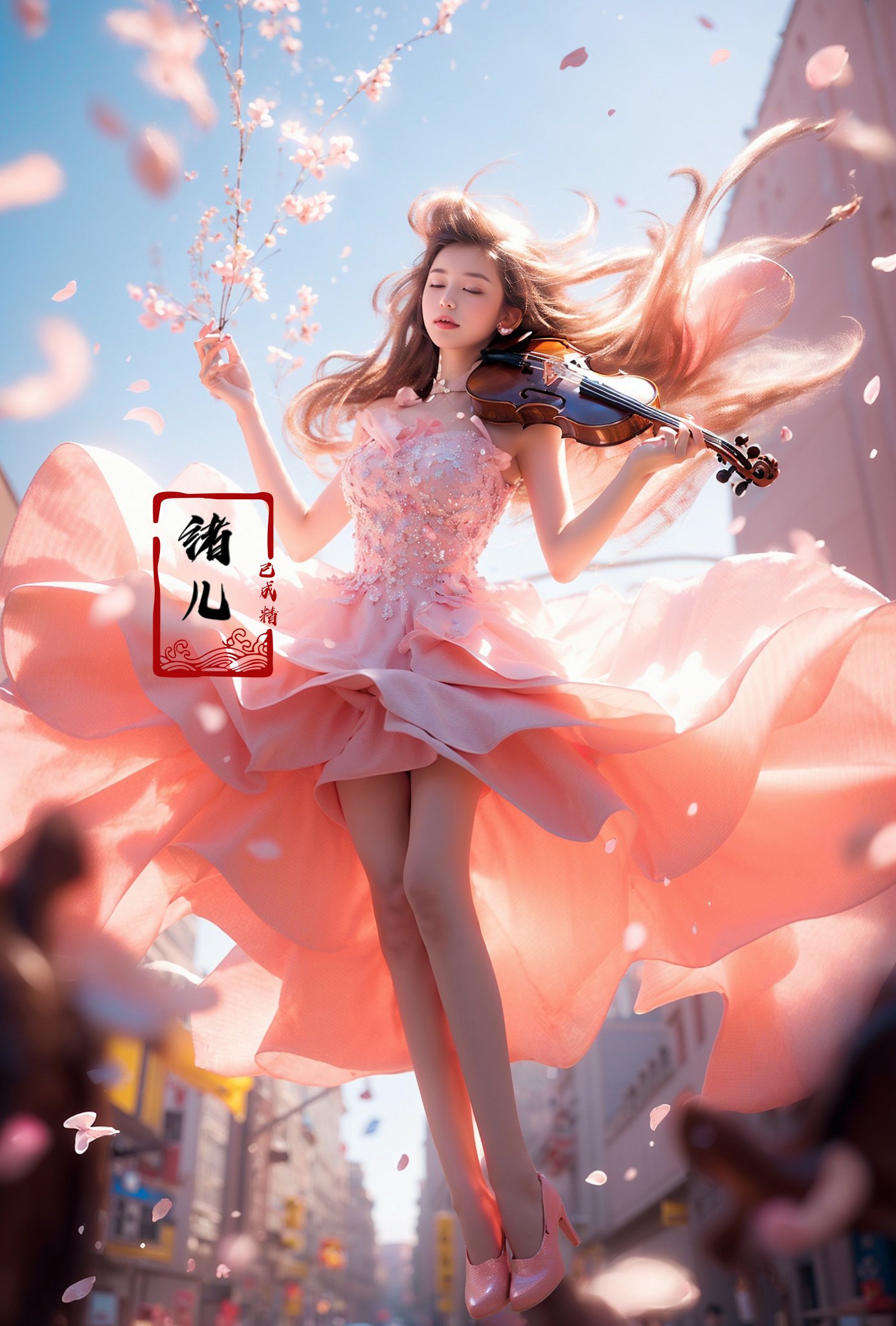 (A girl in a dress is in the air:1.3), playing a violin, (wide shot, wide-angle lens,Panoramic:1.2),super vista, super wide Angle，Low Angle shooting, super wide lens, blurry, blurry_background, blurry_foreground, depth_of_field, motion_blur,violin，bare shoulders，petals，pink dress，from below，blurry foreground， (Milky skin:1.4),(full body:1.5),(long legs:1.3), <lora:绪儿-小提琴 violin:0.8> 