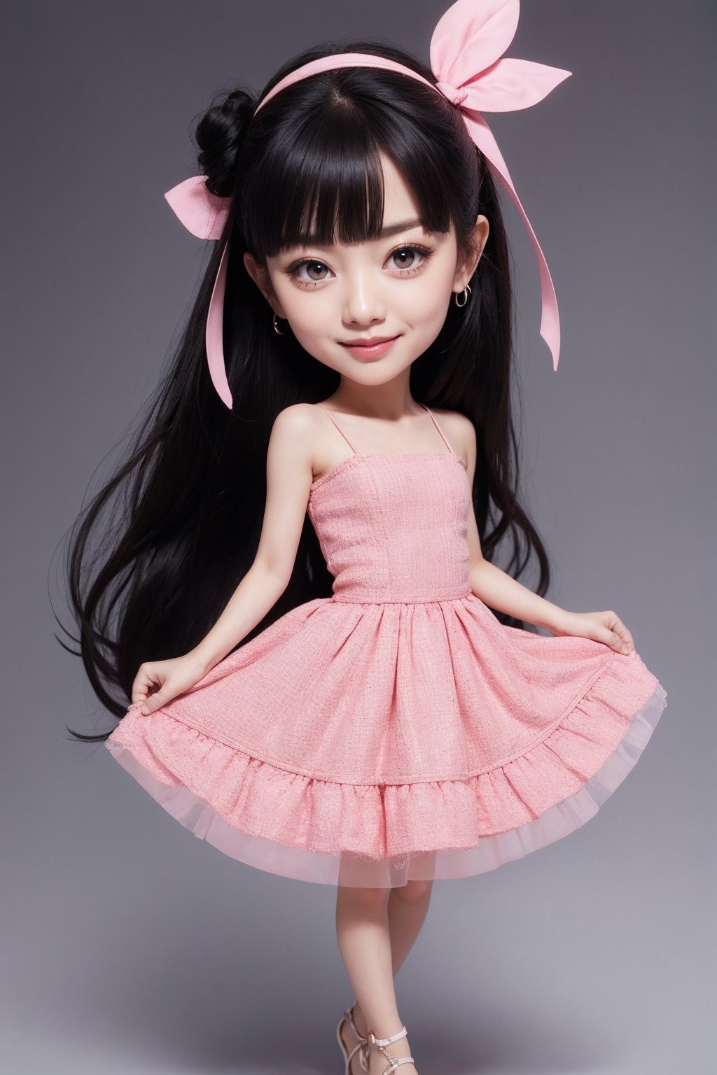 1woman,chibi,pink dress,black hair,