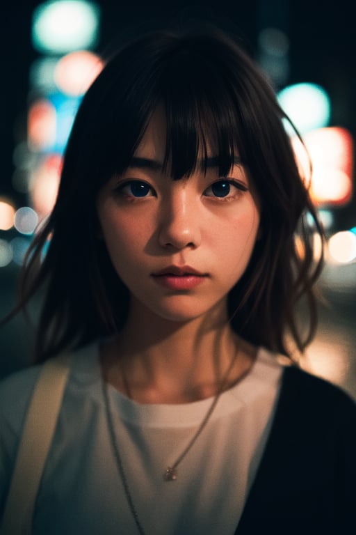 1girl, close up, american brunette girl in tokyo, at night, gloom, Raw format,  dim lighting,  analog photography aesthetic, instagram filter, film noise, film grain,