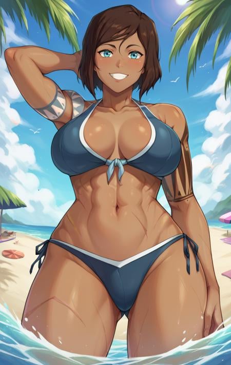 score_9, score_8_up, score_7_up, score_9,  BREAK   <lora:korraSDXL:1> korraSDXL, 1girl, solo, looking at viewer, smile, short hair, blue eyes, large breasts, beach background, brown hair, water, navel,  swimsuit, bikini, dark skin, dark-skinned female, tattoo, scar, arm tattoo,