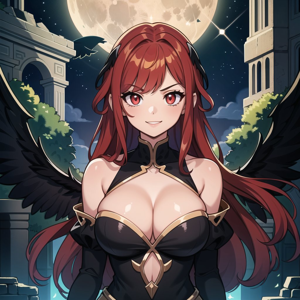 ((masterpiece, best quality, extremely detailed), volumetric lighting, ambient occlusion, colorful, glowing, expressive eyes),

1girl, long eyelashes, red hair, long hair, red eyes, black dress, neckline, cleavage, bare shoulders, long sleeves,
large bird wings, (black wings), beautiful angel wings, exposed thighs, navel, exposed waist, gold jewelry,
night, moon, stars, clouds, ancient dungeon, destroyed ancient ruins, 
(scary environment),

angry, evil smile,
upper body, close up, portrait,