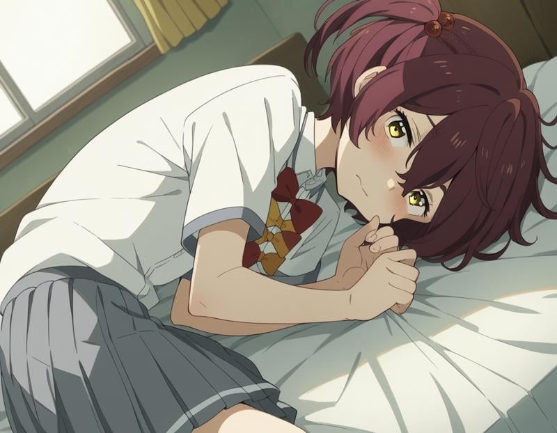 score_9, score_8_up, score_7_up, source_anime, <lora:chika-komari-alpha-ponyxl-lora-nochekaiser:1>, chika komari, short hair, bangs, brown hair, hair ornament, hair between eyes, side ponytail, one side up, hair bobbles, yellow eyes,, skirt, shirt, bow, school uniform, white shirt, short sleeves, pleated skirt, bowtie, yellow bow, grey skirt, yellow bowtie, red bow, red bowtie,, indoors, bed, bed room, on side, blush, drunk, looking at viewer, solo,, cowboy shot, dutch angle