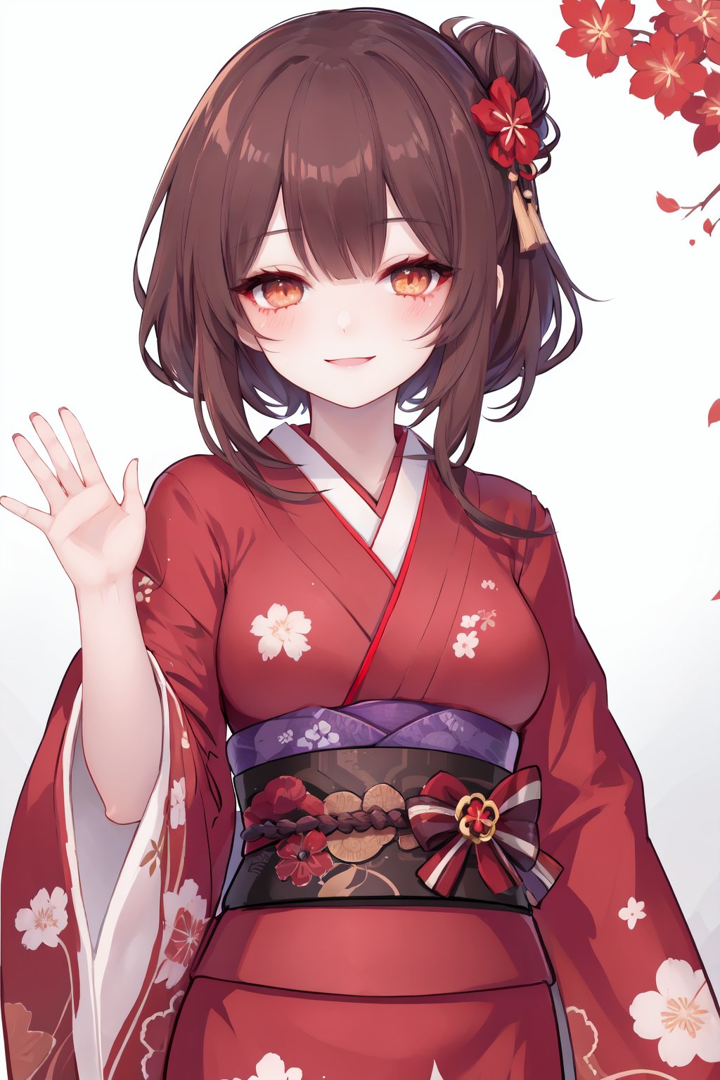 1girl, blush, brown_eyes, brown_hair, flower, hair_bun, hair_flower, hair_ornament, japanese_clothes, kimono, looking_at_viewer, obi, red_flower, red_kimono, smile, solo, upper_body, waving