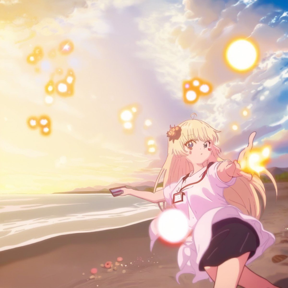 tsunomaki watame, flower, smartphone, sunrise, blue sky, white dress, lanyard, space, looking at viewer, multiple girls, footprints, crescent facial mark, pillow, black skirt, beach, reaching