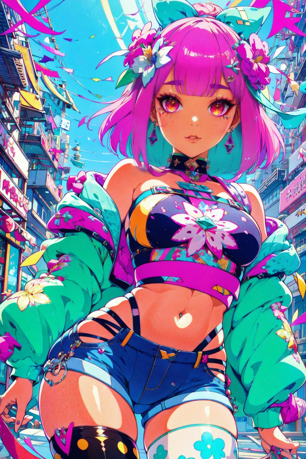 faux traditional media, mature female, beautiful, anime visual, (magazine cover:1.2), ultra-detailed shot of a princess, beautiful, pink hair, flower hair ornament, polka dot,1girl, avatar icon, game character concept, jrpg, 800mm lens, off shoulder, hoodie, ribbed sweater, sharp focus, depth of field, volumetric lighting, ((stylish, vintage)), (pinup:0.5), (shorts:1.2), studio lighting, (asymmetrical legwear),1 girl,Kawaii Figurines Style,hirom1tsu<lora:EMS-1093-EMS:0.500000>, <lora:EMS-352161-EMS:1.600000>