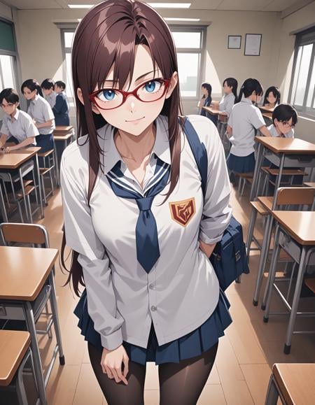 1girl,makinami mari illustrious,neon genesis evangelion,solo,falling down from sky with parachute,glasses, ,  looking at viewer,school uniform, pantyhose, classroom,  surrounded by students, (masterpiece:1.2),(best quality:1.2),newest, intricate details,  ai-generated,