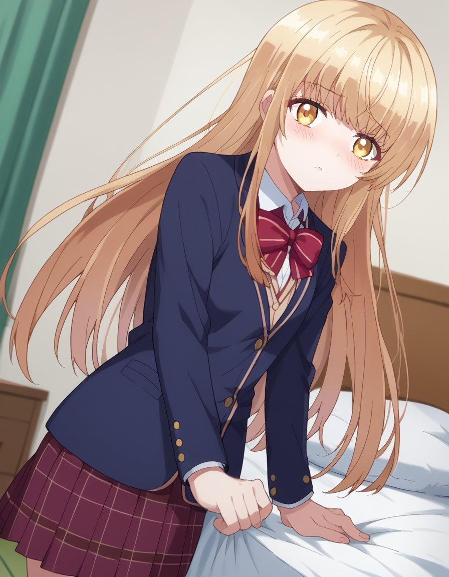 score_9, score_8_up, score_7_up, source_anime,mahirushiina, <lora:mahiru-shiina-s1-ponyxl-lora-nochekaiser:1>mahiru shiina, bangs, blonde hair, brown hair, yellow eyes,long hair, skirt, bow, school uniform, jacket, pleated skirt, plaid, plaid skirt, blazer, cardigan, blue blazer, red bowtie,indoors, bed, bed room, on side, blush, drunk,looking at viewer, dutch angle, cowboy shot