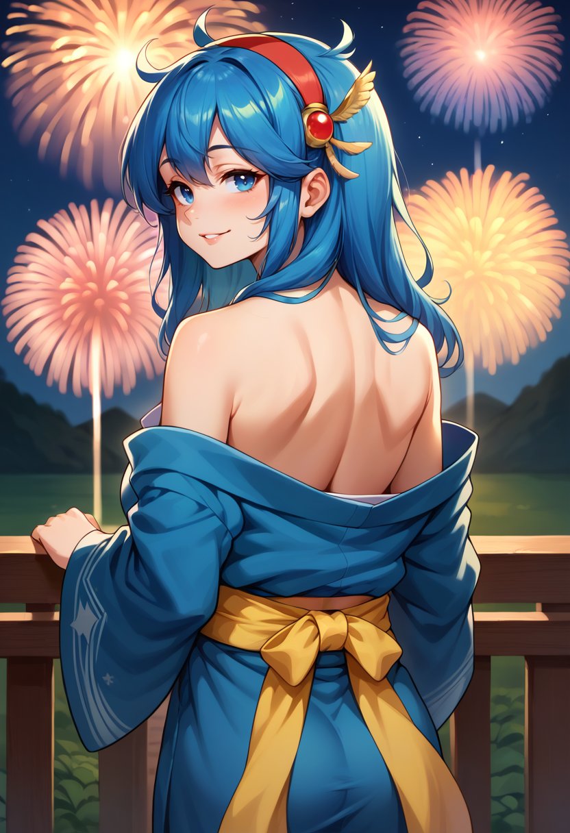 score_9,score_8_up,score_7_up BREAK 1girl,tecnaymrm,solo,night,from behind,fireworks,blue hair,blue eyes,hairband,hair ornament,blue kimono,yellow sash,off shoulder,looking back,seductive smile,<lora:Tecna_Yumurama-000008:1>,