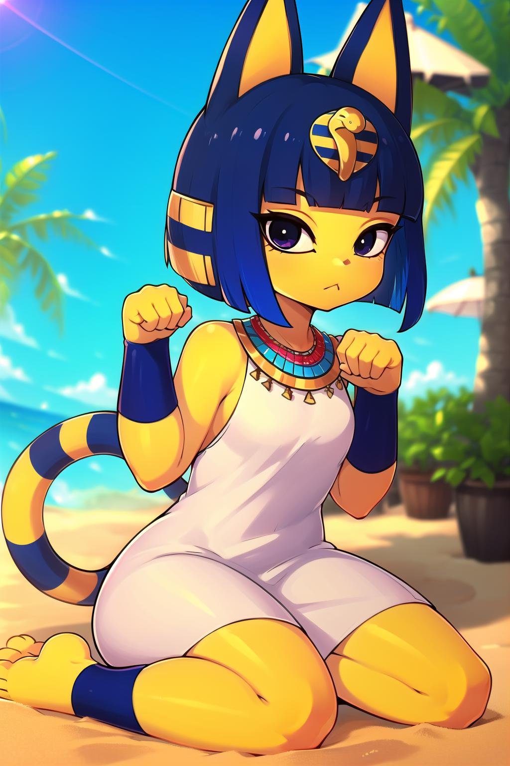 absurdres, highres, ultra detailed, <lora:AnkhaaaV1.3-000012:0.8>, ankha, solo, catgirl, striped tail, petite, blue hair, hair ornament, yellow skin, black eyes, eyeliner, eyeshadow, white dress, sitting, paw pose, wariza, looking at viewer, outdoors, sand, building, palm tree, egyptian