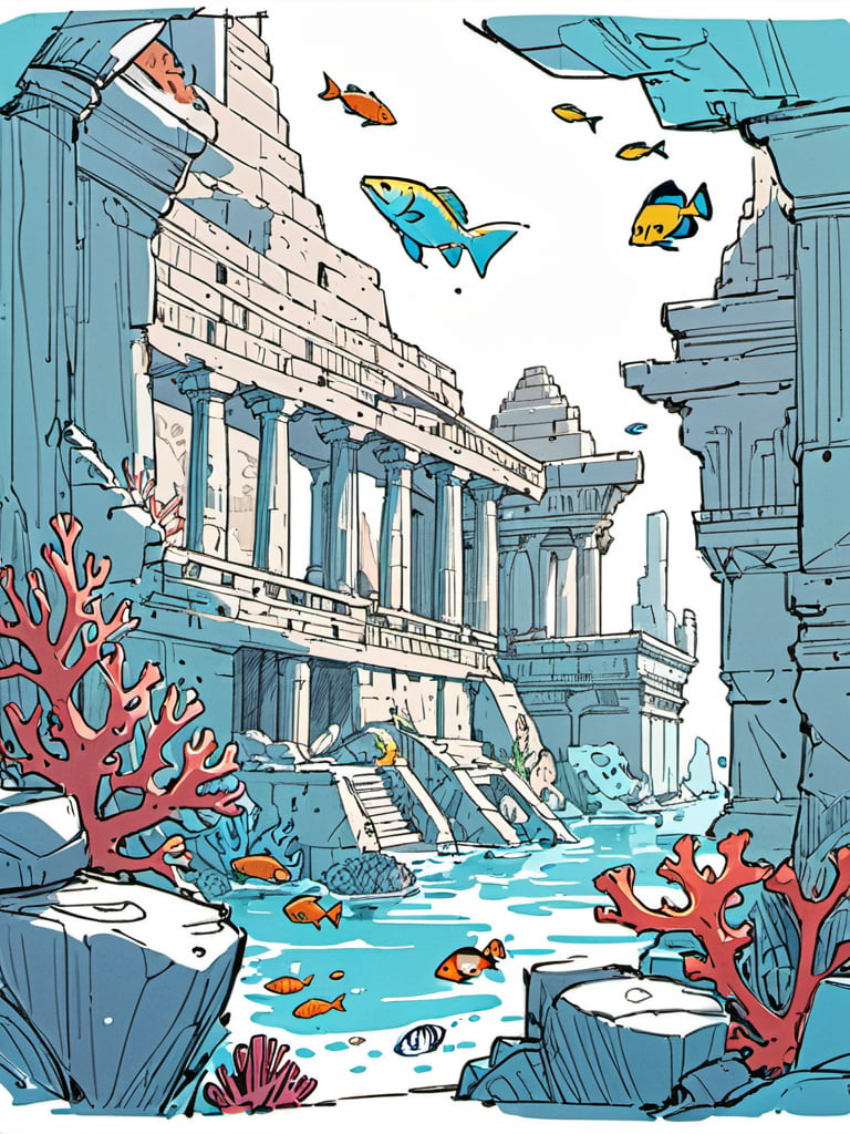 <lora:luXL毛躁手绘Fuzzylines_lora_resized:0.6>, fuzzylines, sketch, view of ancient city under the sea, fishes, coral, 