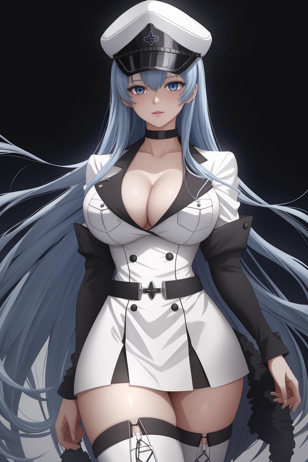 ((best quality)), absurdres, ((ultra high res)), esdeath, a woman in a white uniform, blue hair, extremely detailed, 8k, masterpiece, <lora:easdeath-12:0.75>