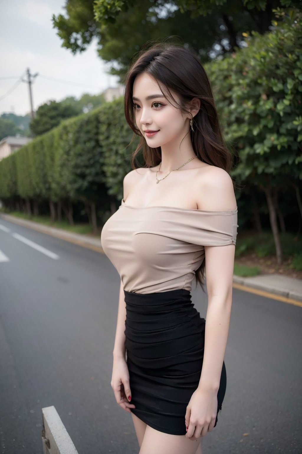 Best quality,  masterpiece,  ultra high res,  (photorealistic:1.4),  raw photo,  (highly detailed:1.3),  full body,  large breasts,  bzsohee,  black dress,  bare shoulder,  short sleeve,  short dress,  tight clothes,  seiza,  closed mouth,  light smile,  outdoors,  Ultra-detail,  (highres:1.1),  best quality,  (masterpiece:1.3),  cinematic lighting,  (cowboy_shot),  feet out of frame,<lora:EMS-287861-EMS:0.700000>