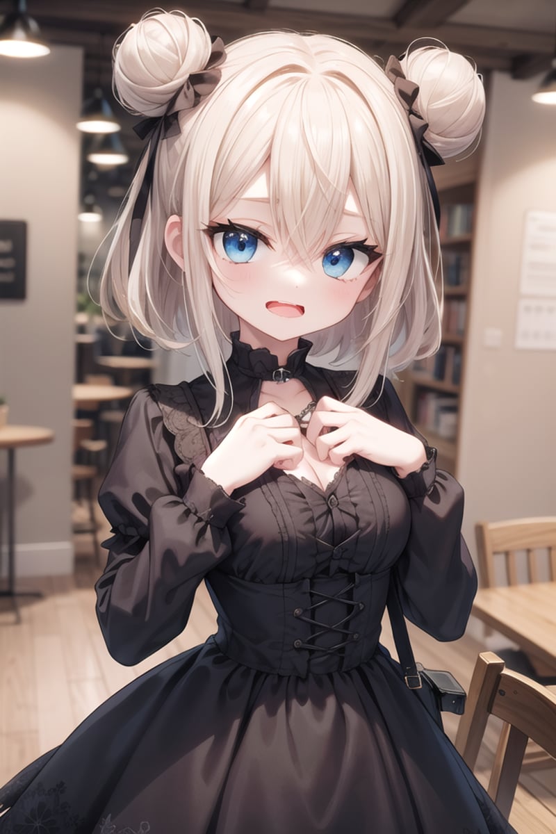 <lora:talkmouth_E_type2_v100:1>insanely detailed, absurdres, ultra-highres, ultra-detailed, best quality,1girl, solo, nice hands, perfect handsBREAKgothic theme, black gothic dress, white frill, hair dressBREAK(nsfw:-1.5)BREAKsmile, open mouthBREAK,standing, cowboy shot, looking at viewerBREAKslender, kawaii, perfect symmetrical face, ultra cute girl, ultra cute face, ultra detailed eyes, ultra detailed hair, ultra cute, ultra beautifulBREAKin coffee shop, depth of field, ultra detailed backgroundBREAKmedium large breastsBREAKblonde hair, blue eyes, double bun, hair between eyes