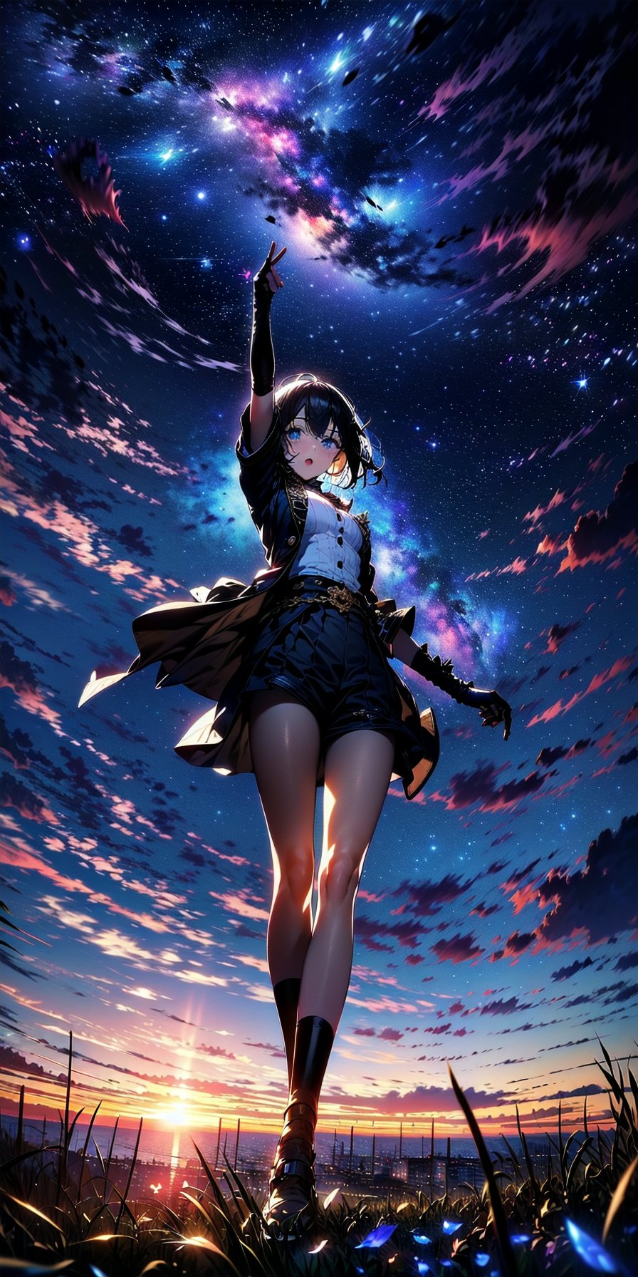 <lora:LAS:0.8> starry,stars cloud,colorfulhighres, (official art, beautiful and aesthetic:1.2), close view, (arm up look up from below:1.2)1girl, shining sky, vast world, gazing, awe-inspiring expression, distant horizon, clouds, high hill, natural beauty, inspiration, sky, Shining Stars,(lighting shining brightest sky:1.2)<lora:apstyle3diff:1> apstyle3 apstyle masterpiece best quality detailed eyes<lora:detail_slider_v4:0.5>