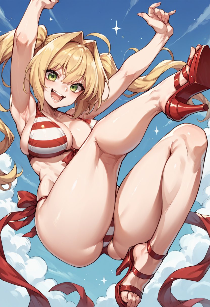 score_9, score_8_up, score_7_up, source_anime,  <lora:NeroClaudiuspdxl:1>, mlnerocas1, ahoge, blonde hair, hair intakes, large breasts,  red bikini, striped bikini, twintails, high-heeled sandals, green eyes, smile, open mouth