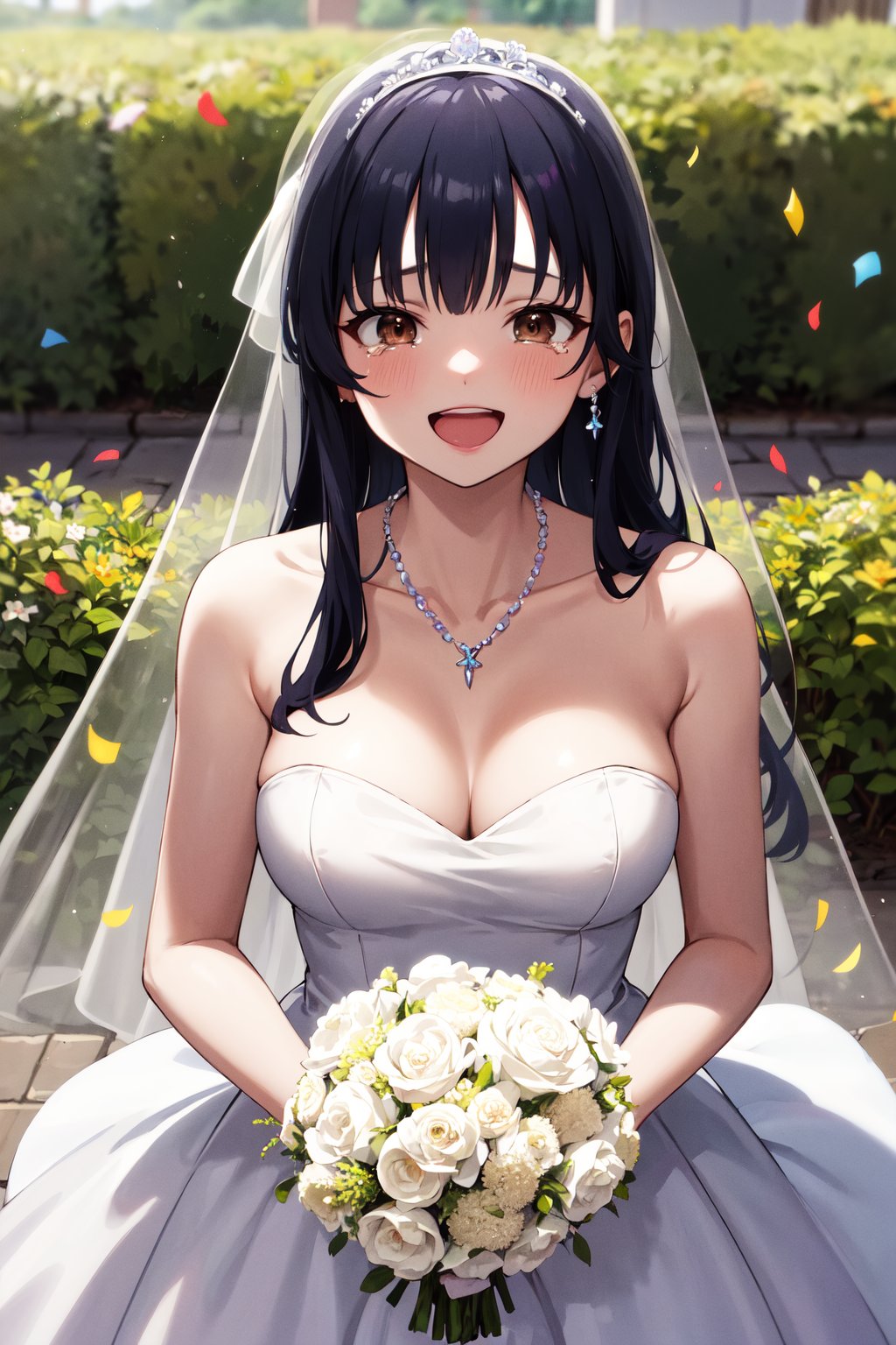 masterpiece, best quality, highres, aaanna, long hair, brown eyes, <lora:yamada_anna_v1:0.7>, wedding dress, white dress, strapless, necklace, garden, smile, open mouth, tears, holding bouquet, confetti, 