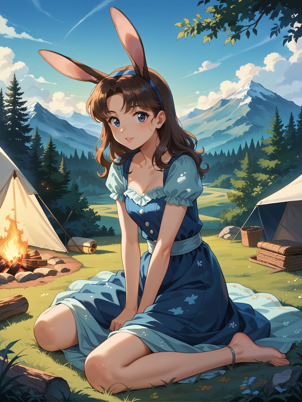 score_9, score_8_up, score_7_up,source_anime, charming woman, vintage outfit, retro camping, campfire, patting playful rabbit, sitting on grass, tent, lots of trees, cheerful expression. midnight, low light, dappled moonlight, mountainous horizon, soft lighting, muted colors, high contrast, nostalgic, whimsical, detailed, high-definition, retro style, elegant, classic, serene atmosphere, intricate details, cinematic