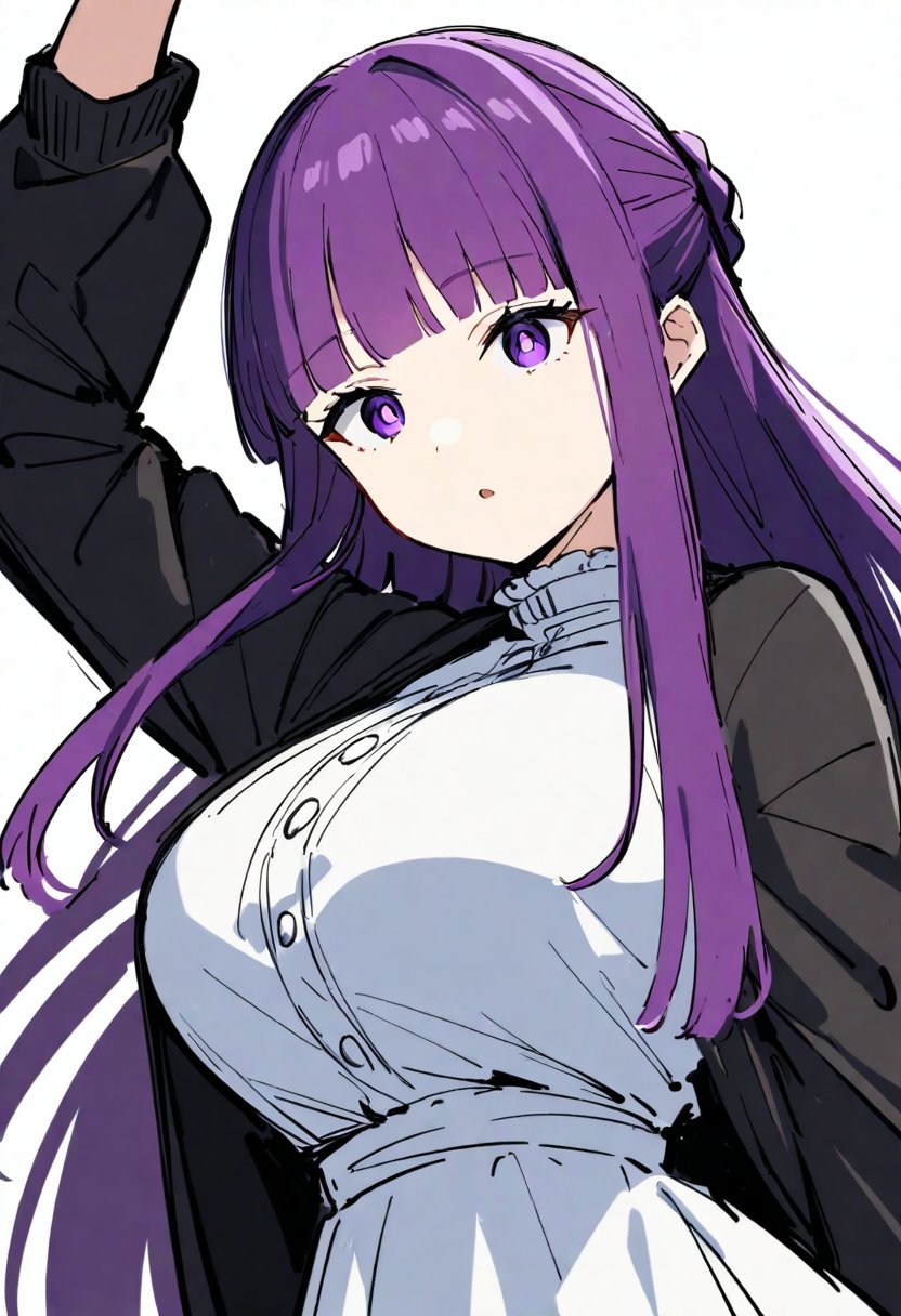1girl, solo, fern \(sousou no frieren\), sousou no frieren, sketch,long hair, purple hair, purple eyes, braid, large breasts, white dress, black cardigan, expressionless, arm up, open mouth,white background,masterpiece, best quality, very aesthetic, absurdres,