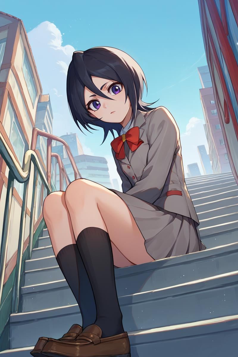 score_9, score_8_up, score_7_up, score_6_up, source_anime BREAK 1girl, solo,  <lora:rukia-pdxl-nvwls-v1-000006:1> defrka, black hair, black eyes, short hair, red bowtie, grey blazer, grey skirt, black socks, loafers, sitting, looking at you, stairs, city, blue sky