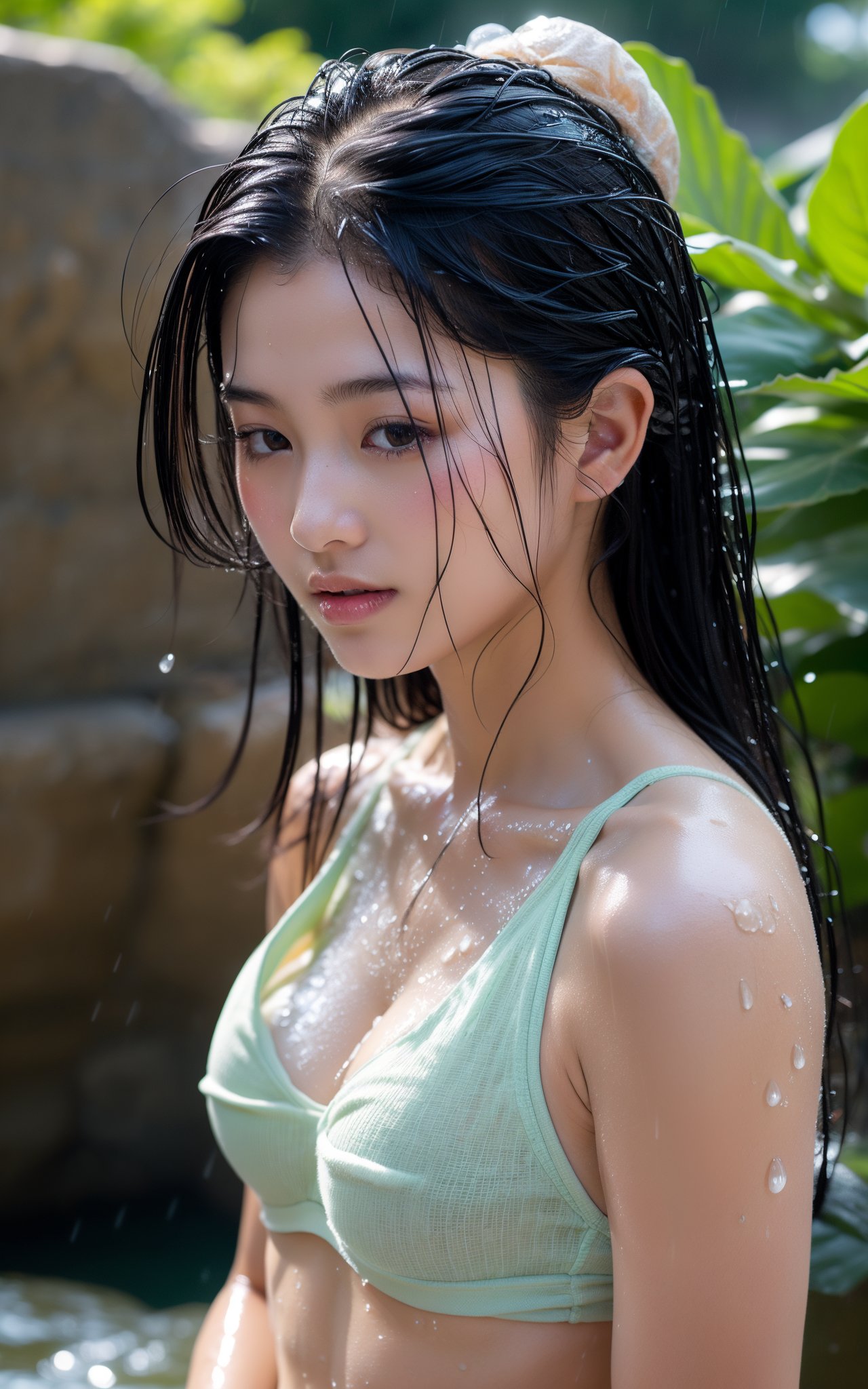 a girl bathes in the open air in the sun,the shower water poured on the girl's head,(all the hair is wet:1.2),(the hair on the top of the head is wet:1.2),open-air rain area,rock wall,shower overhead,In a sexy bikini,