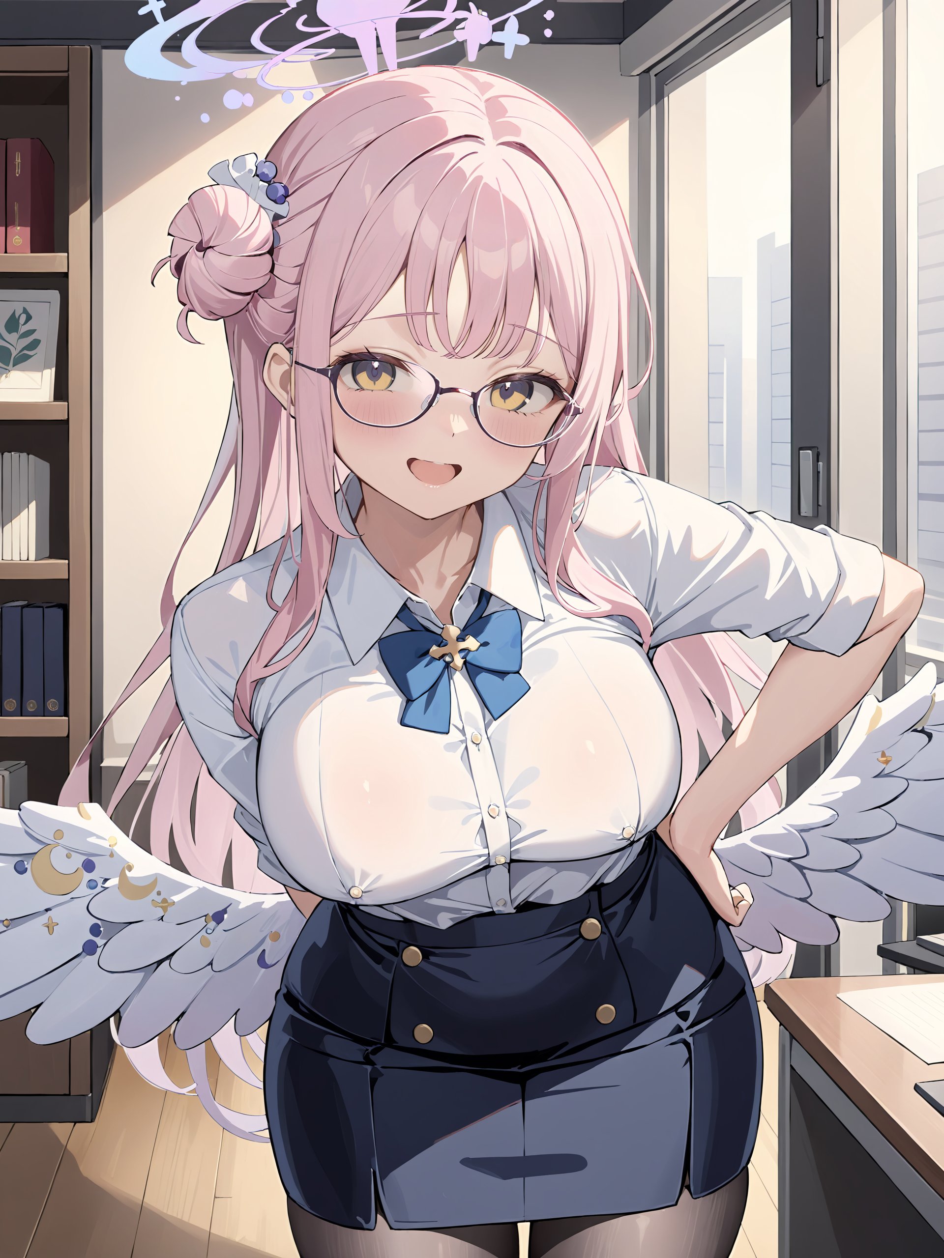 1girl, mika \(blue archive\), solo, halo, low wings, single side bun, office lady, collared shirt, white shirt, pencil skirt, black thighhighs, glasses, looking at viewer, cowboy shot, office, indoors, depth of field, smug, open mouth, hands on hips <lora:Char-BlueArchive-Mika-XL-V1:0.8>, masterpiece, best quality, perfect features, intricate details, ray tracing, very aesthetic, (hitenkei, askzy:0.4)