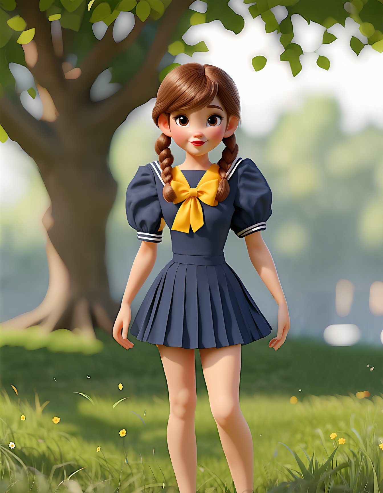 3D cartoon, cartoon style, 3D render, 1girl, long hair, skirt, brown hair, bow, brown eyes, braid, short sleeves, hair bow, outdoors, pleated skirt, parted lips, puffy sleeves, sailor collar, blurry, puffy short sleeves, tree, blurry background, red lips, yellow neckerchief, SD3_cartoon_ep10.safetensors