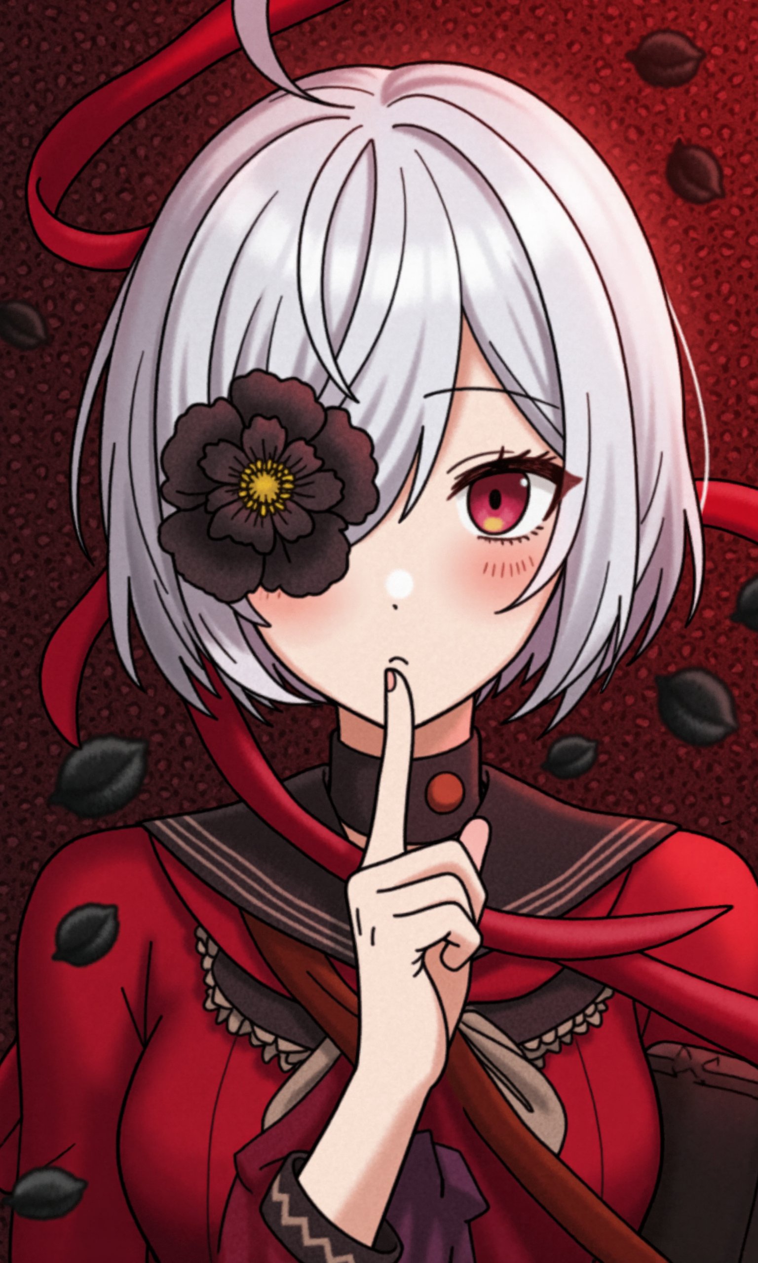 A vibrant and emotional anime portrait of a woman with short, white hair. She is surrounded by a mist of red and black, creating a striking contrast. A blooming black flower covers one eye, adding to her enigmatic appearance. The background is dark red, filled with black rose petals. She holds a finger to her lips in a shushing gesture.