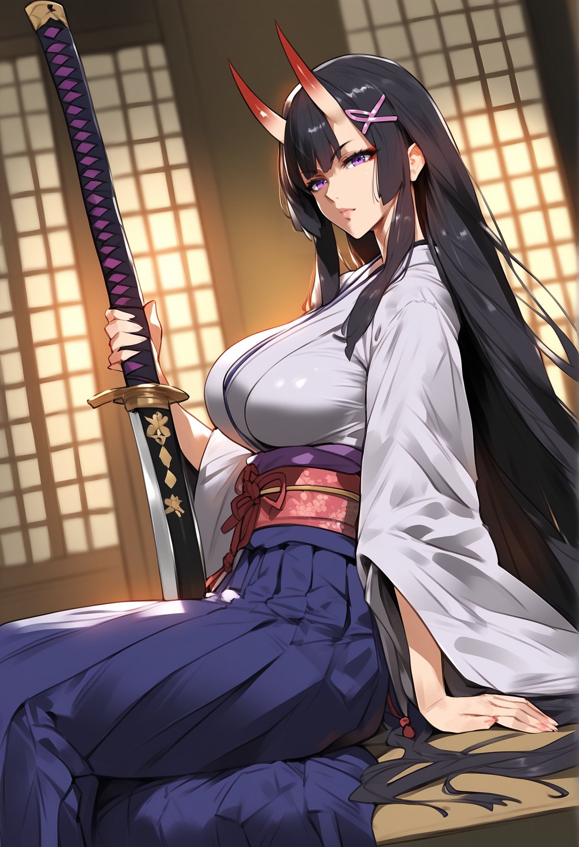 score_9, score_8_up, score_7_up, score_6_up, source_anime, <lora:CYR 0.1v:1>,1girl, horns, japanese clothes, weapon, breasts, long hair, sword, solo, oni horns, purple eyes, hair ornament, large breasts, looking at viewer, black hair, holding weapon, holding sword, sheath, holding, sitting, katana, kimono, hakama, bangs, seiza, hairclip, skirt, dutch angle, hakama skirt, very long hair, x hair ornament, from side, indoors