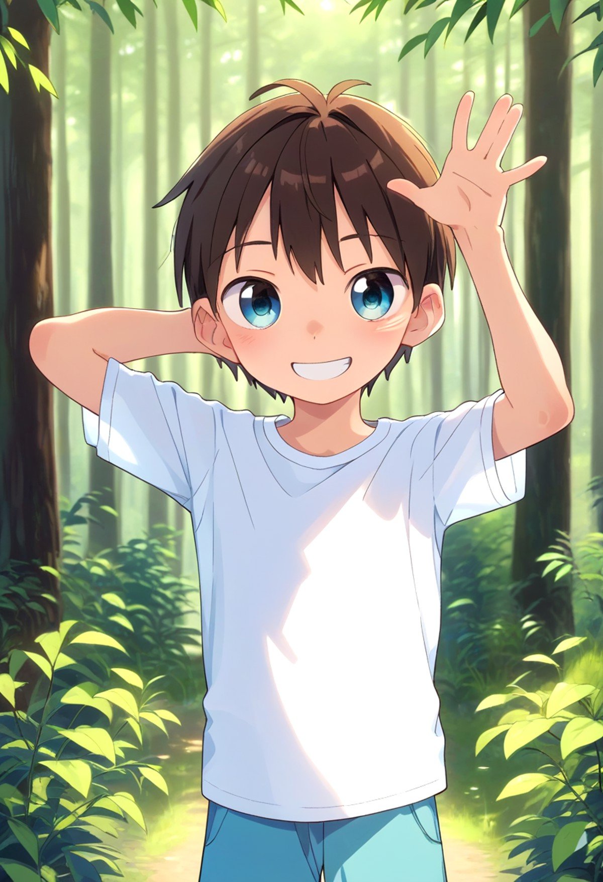 score_9, score_8_up, score_7_up, detailed eyes, forest, BREAKstraight on shot, standing,  <lora:PerfectEyesXL:0.8> perfecteyes, <lora:cutifiedanimecharacterdesign_variant_type_D_PonyXL_v10:0.7> 1boy, type-d,brown hair, shirt,  petite, young, solo smile || bright smile,full shot,bagpack