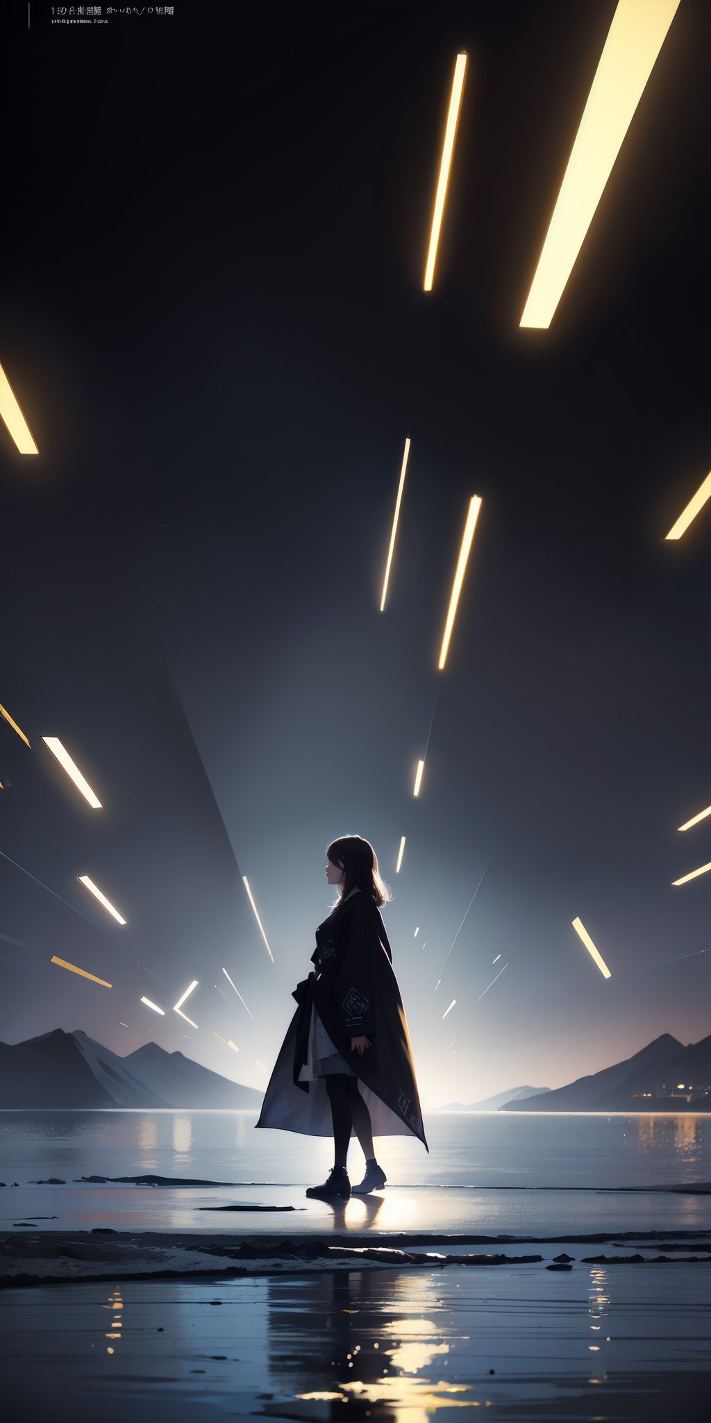 A girl standing in the center of the lake,feeling lonely,Masterpiece,high-definition resolution,rich details,Ultra high quality,8k wallpaper,Rich colors,GMajic,Spatial distortion,Rotation,fluorescence,Contrasting colors,gradient colors,Film texture,grand narrative scenes,abstract art,Illustration Art,Dynamic posture,relaxed posture,(colorful stars:1.1),light,(Abstract Art:1.1),Light and Shadow Art,Abstract human body,integrated with the universe,Mysterious feeling,simple style,High contrast,Illusory color,scenes of spring,lake surface,small boats,(Chinese landscapes:1.2),embroidered texture,Linear art,