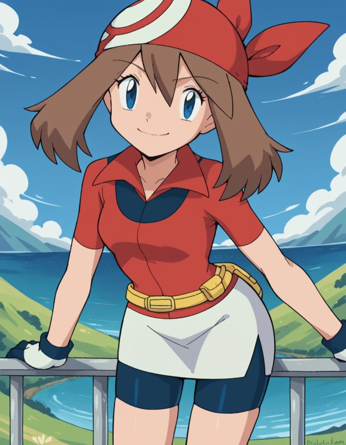 score_9, score_8_up, score_7_up, source_anime, <lora:pokemon-may-anime-ponyxl-lora-nochekaiser:1>, pokemonmay, blue eyes, brown hair, bandana, long hair, red bandana, twintails, hair between eyes,, bike shorts, collared shirt, gloves, microskirt, multicolored shirt, pencil skirt, red shirt, shirt, short sleeves, skirt, white skirt,, landscape, bent over, smile,, looking at viewer, solo, cowboy shot, dutch angle