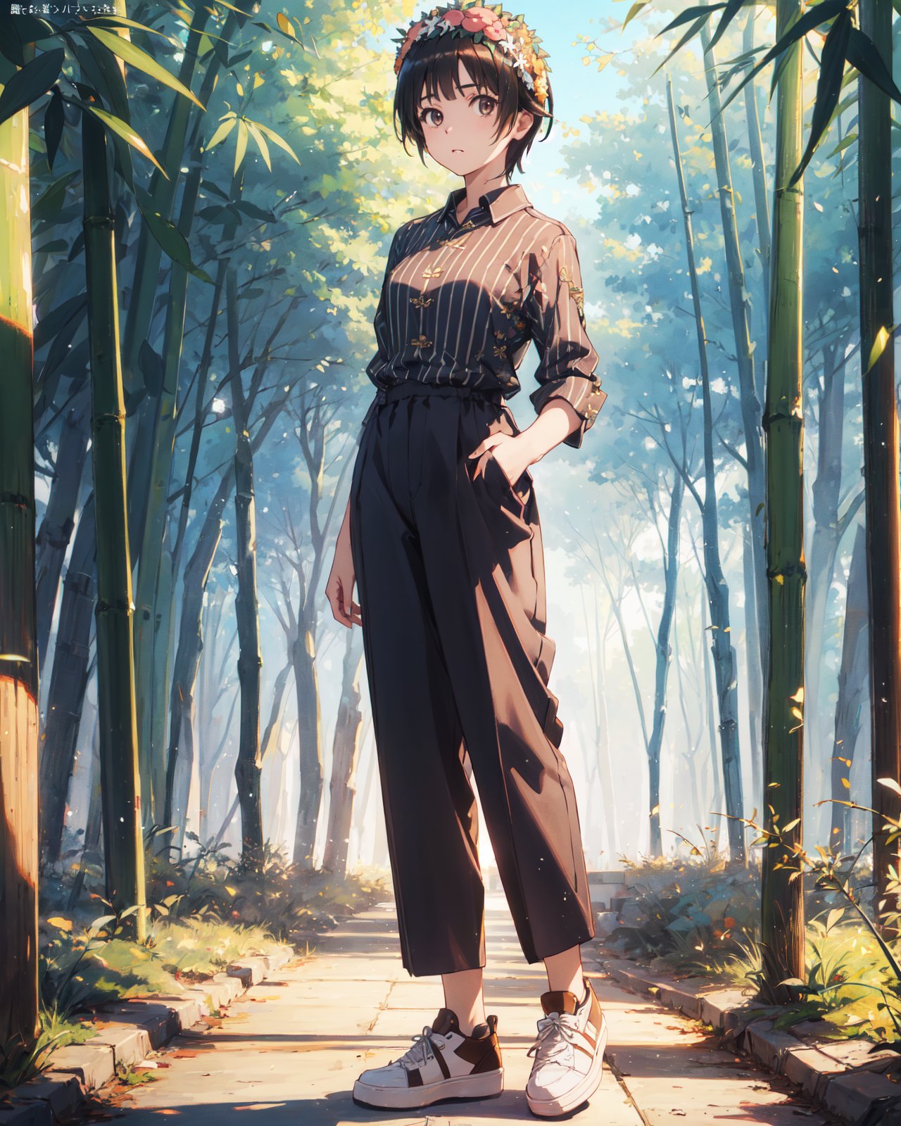 <lora:Uiharu-000007:0.8>,Uiharu CYQL,1girl,looking at viewer,solo,short hair,black hair,brown eyes,head wreath,flower,hair flower,(Striped_button-down_shirt:1.5),(Wide-leg_trousers:1.4),(Slip-on_sneakers:1.3),(Modern_art_gallery_background:1.5),(light_blush:1.2),(cowboy_shot:1.1),from_back,Bamboo shoots, Bamboo grove, Misty atmosphere, Morning tranquility, Bamboo shadows, Zen serenity,beautiful detailed sky,beautiful detailed glow,posing in front of a colorful and dynamic background,masterpiece,best quality,beautiful and aesthetic,contrapposto,female focus,wallpaper,