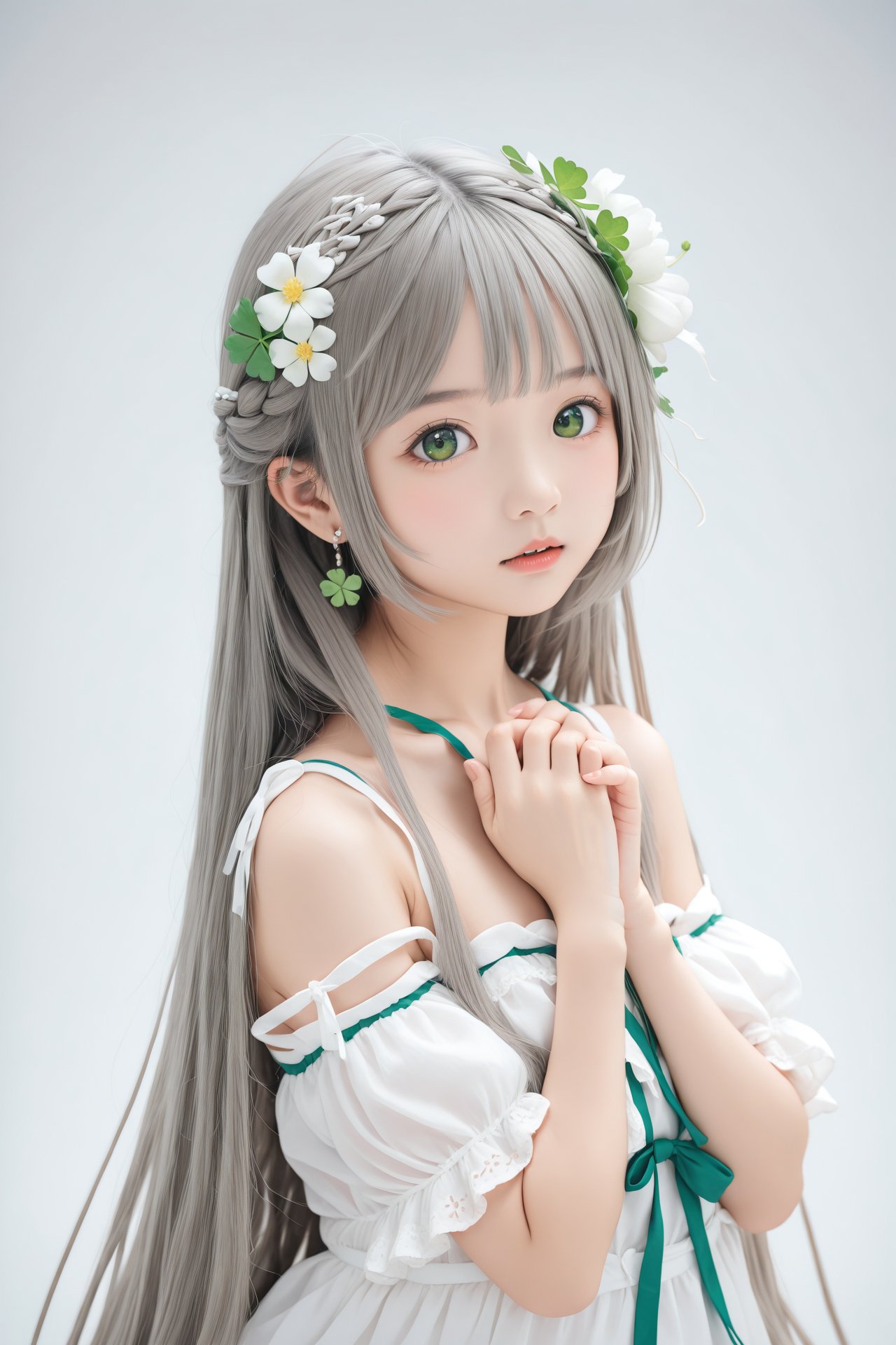 masterpiece,Realism,best quality,loli,1girl,Luo Tianyi (Vocaloid), clover, solo, long hair, green eyes, four-leaf clover, dress, flower, own hands together, looking at viewer, water, hair ornament, parted lips, very long hair, bangs, earrings, white background, jewelry, bare shoulders, upper body, white dress, hair flower, ribbon, simple background, hands up, blush