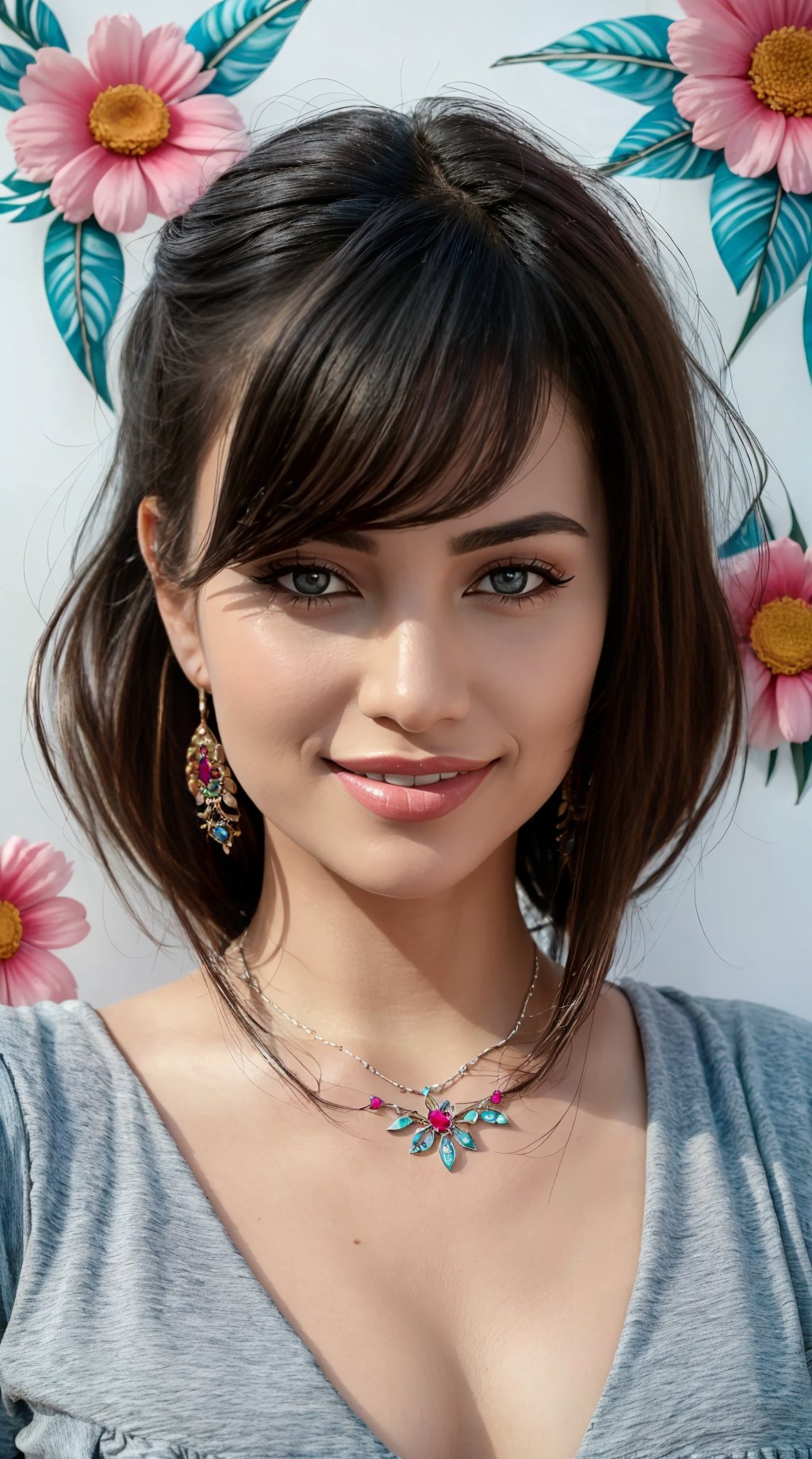 (best quality, masterpiece, ultra detailed, 8K, RAW photo), absuredres, a beautiful student model holding a sparrow, long black chignon with blunt bangs, azure outfit,grey eyes,parted greasy lips,kind smile,intricate jewelry,necklace,earrings, bliss, joyful, floral background,vibrant color, colorful,